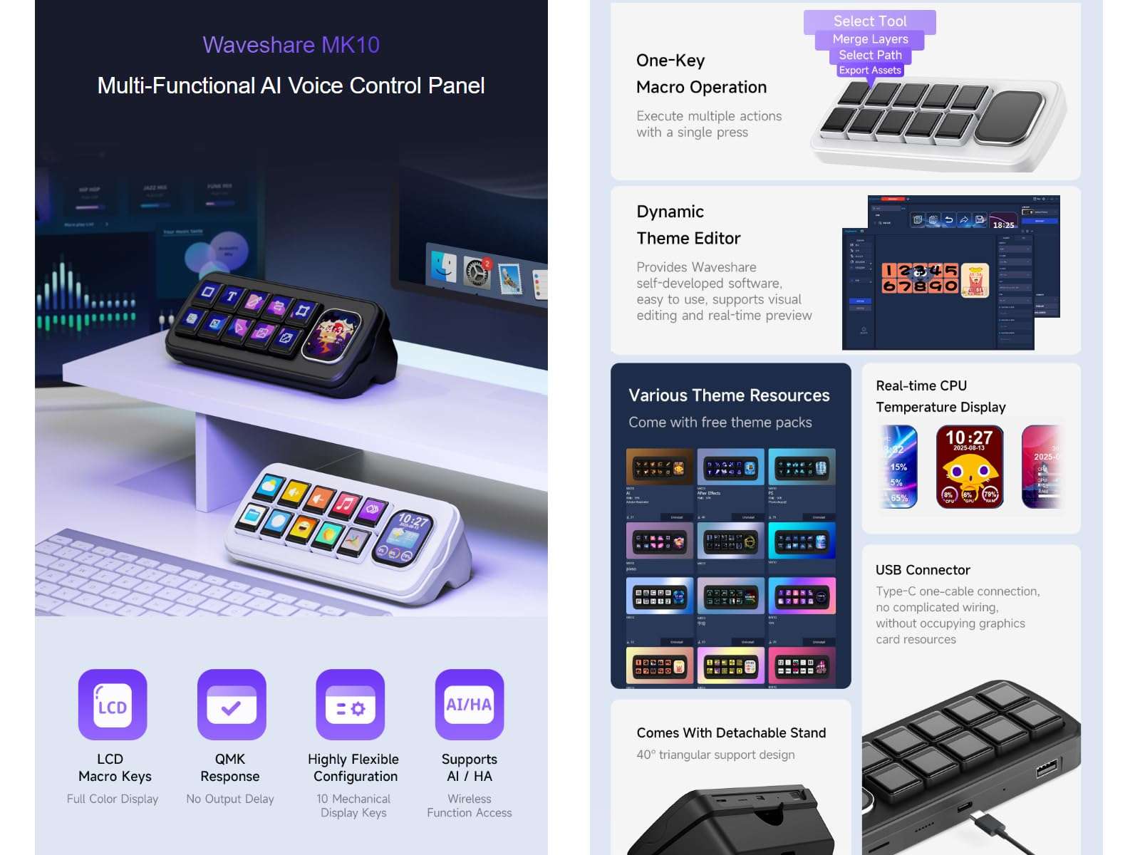 waveshare MK10 Multi-Functional AI Voice Control Panel，10 × 0.85inch Mechanical LCD Keys with a 2.01inch Secondary Screen,Supports Speech Recognition and AI Speech Interaction (Black) 3