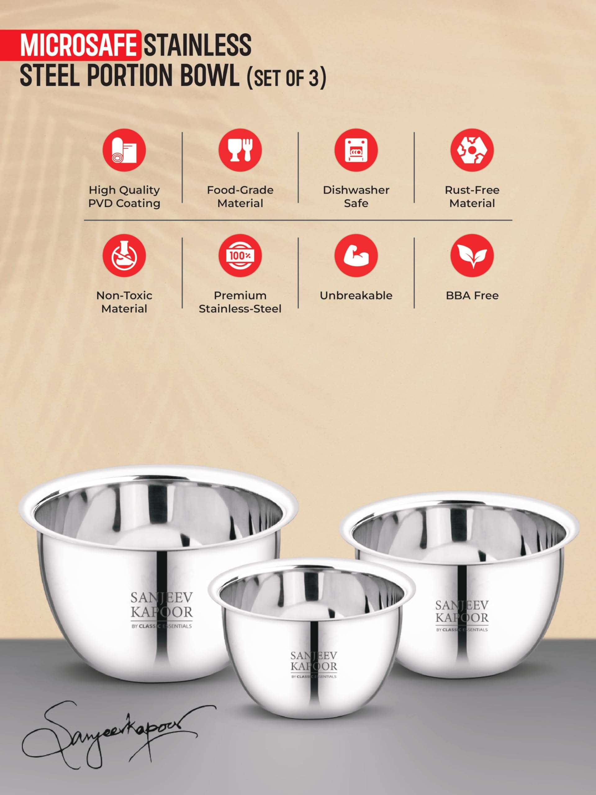Sanjeev Kapoor by Classic Essentials Stainless Steel Set of 3 Mixing & Serving Bowl Microwave-Safe Solid, Durable, Elegant, Mirror Finish Bowl (Silver, 750,1500,1000ML) 6