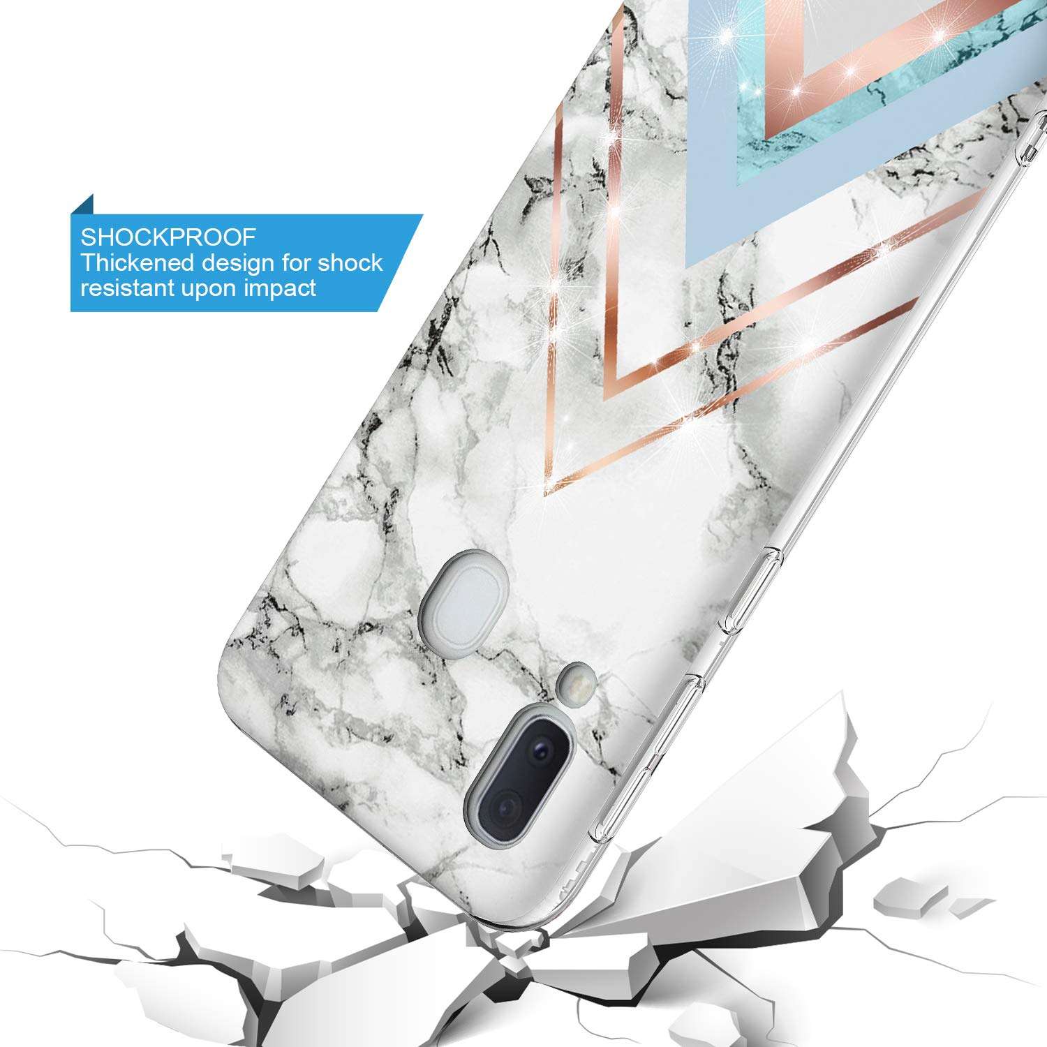 GORGCASE Case Design for Samsung Galaxy A20, Galaxy A30, Slim Anti-Scratch PC Armor TPU Bumper Shock-Proof Cute Sparkle Bling Girls Women Protective Cover Marble White Design 4