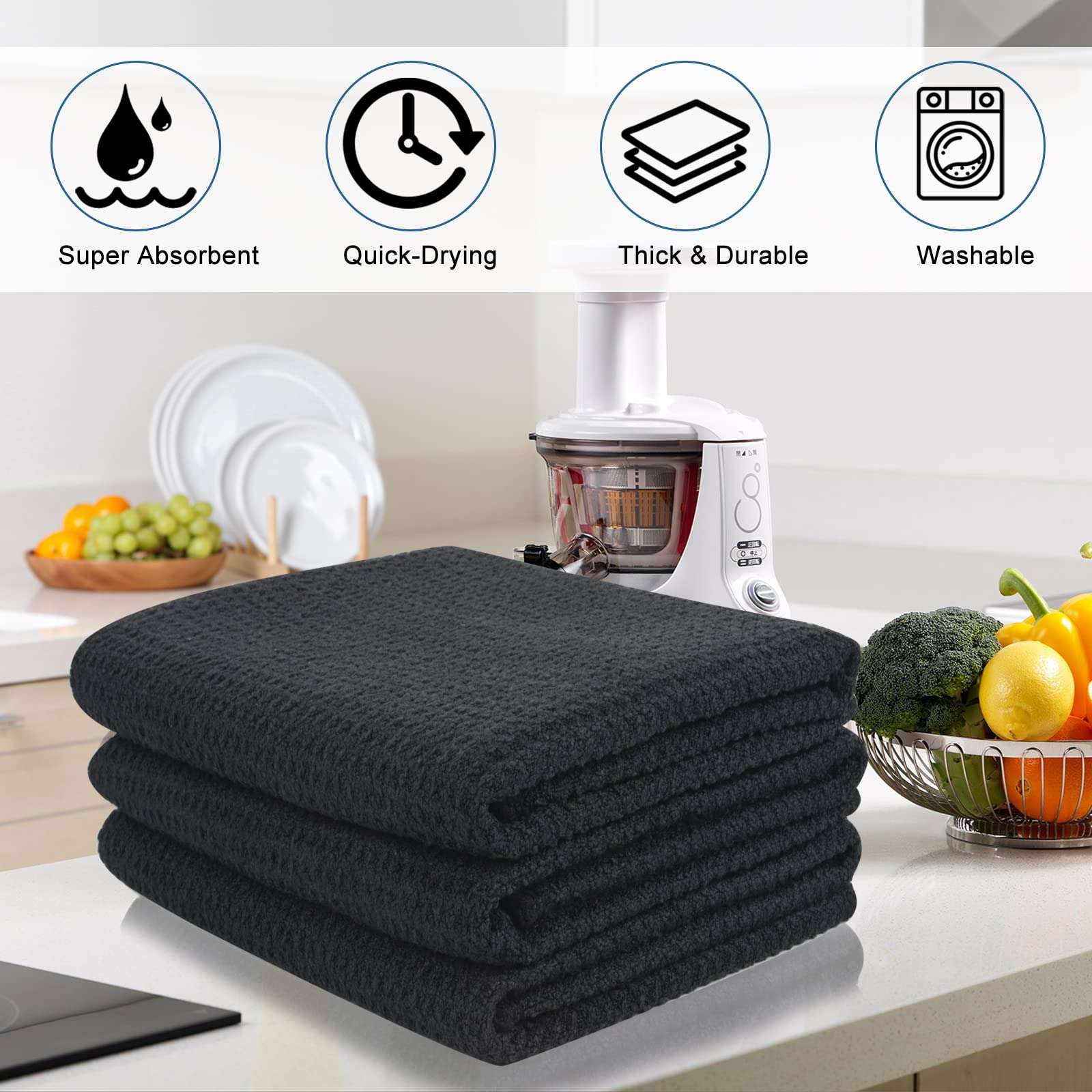 VIVOTE Microfiber Kitchen Drying Towels Dish Towels Waffle Weave Tea Towels Super Soft and Absorbent 3PackBlack 16 x 22 Inch 3