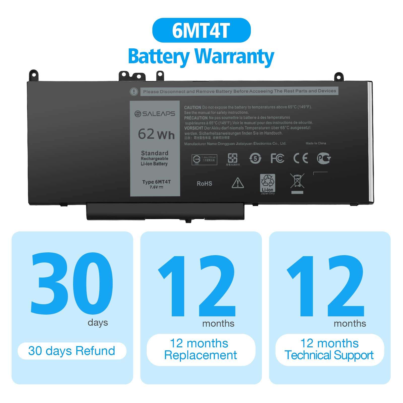 SALEAPS 6MT4T Laptop Battery for Dell Latitude E5570 E5470 Precision 15 3510 M3510 Notebook, Fits 7V69Y TXF9M 79VRK 07V69Y 0HK6DV 079VRK 0TXF9M [7.6V 62Wh] 6