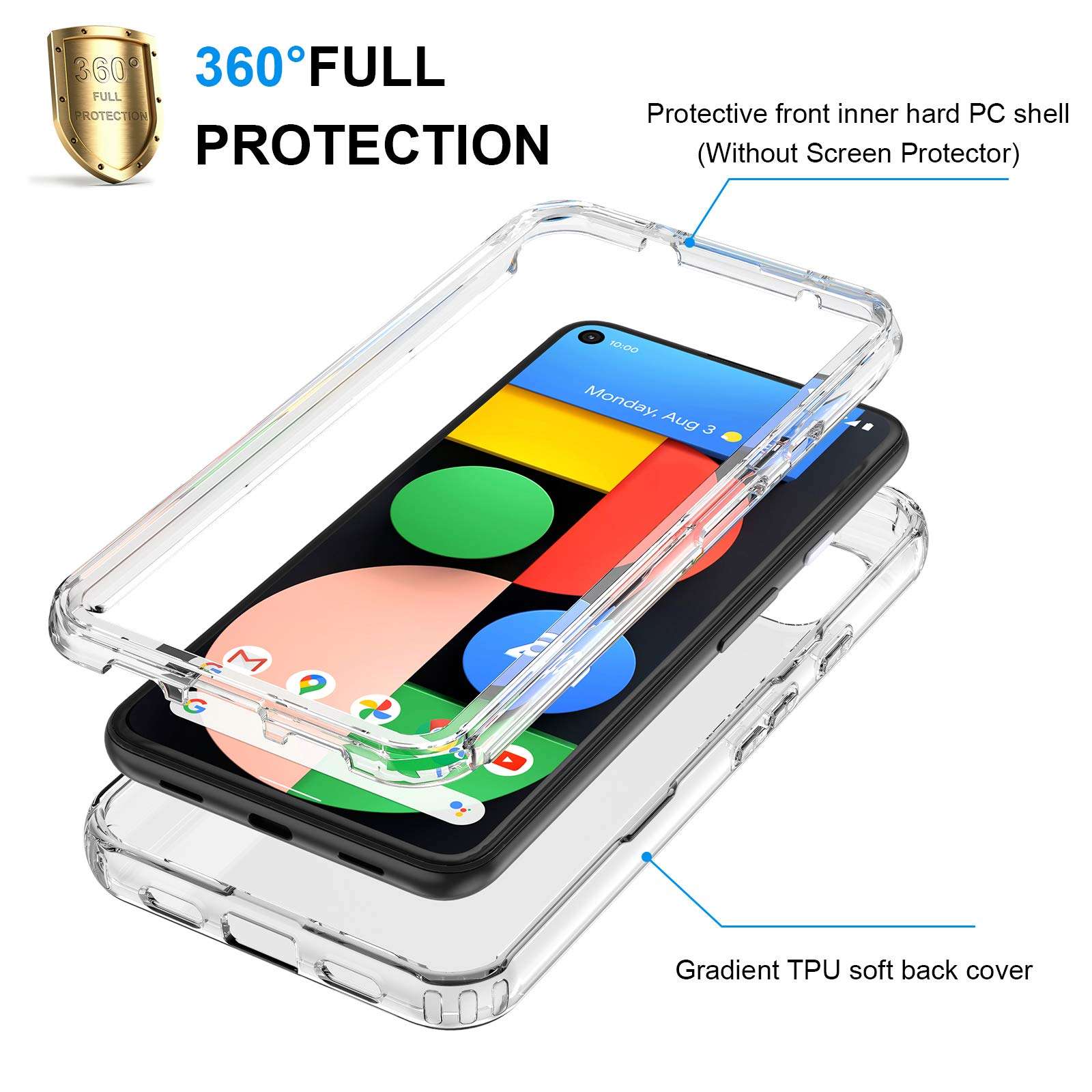 iMangoo for Google Pixel 4A 5G Case Transparent Heavy Duty Protective Slim Cover Anti-Slick Dual Layer Soft Back Shell + Hard PC Front Open Frame Phone Cases for Google Pixel 4A 5G Version 2020 Clear 2