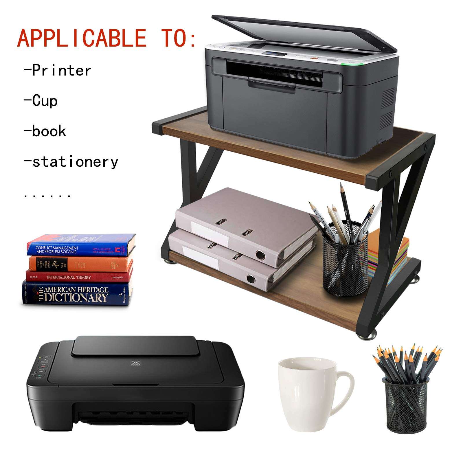 Desktop Printer Stand with 2 Tier Wood Storage Shelves, Rustic Printer Table, Multi-Purpose Desk Organizer for Fax Machine, Scanner, Files, Home Printer Stand with Adjustable Anti-Skid Feet 3