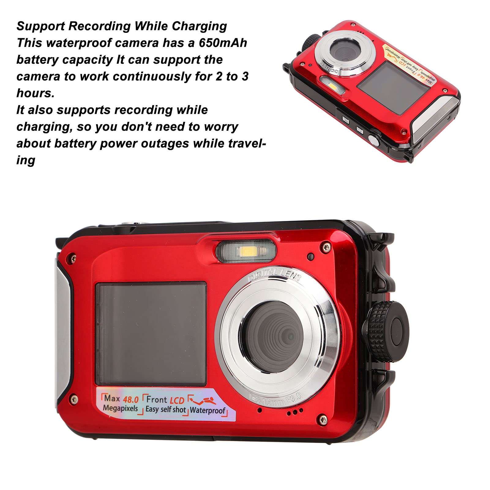 Boxwizard Full HD 2.7K 48MP 10ft Waterproof Underwater Digital Camera 16X Digital Zoom Front Rear Double Screens Waterproof Digital Camera (Red), Boxwizardzakner1730-12 4