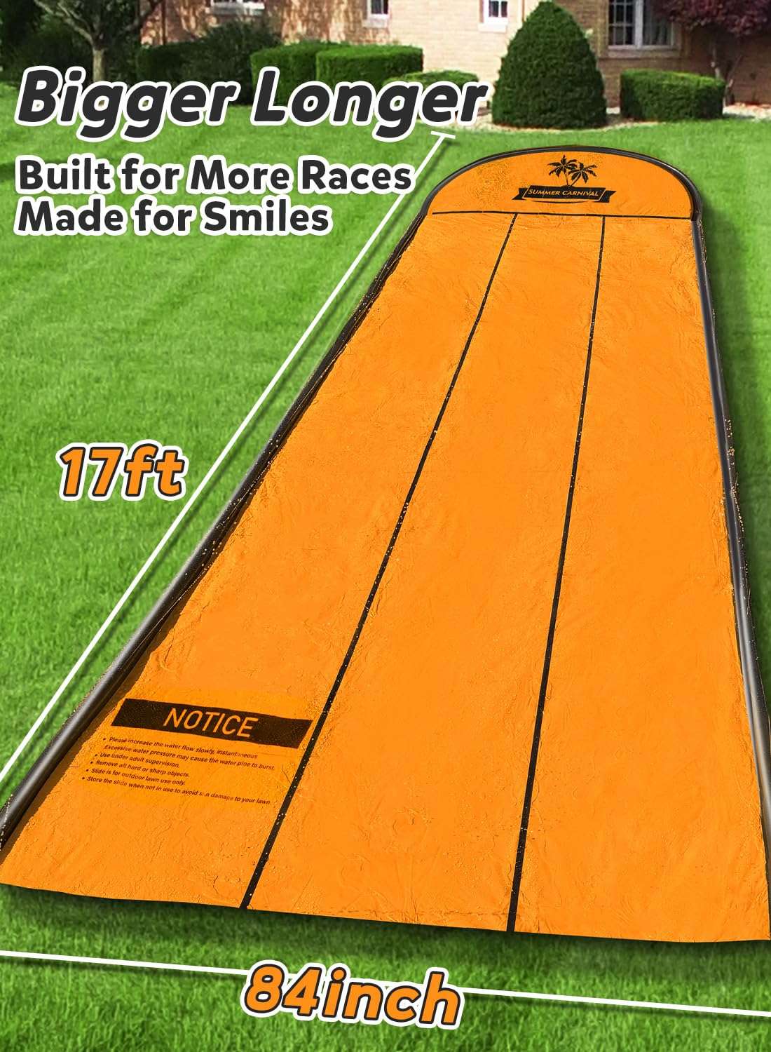 Slip and Water Slip，Slip Water Slide for Kids Backyard 17ft*3 Lane Orange,Summer Toys for Kids Outdoor with Sprinkler and 3 Bodyboards 6