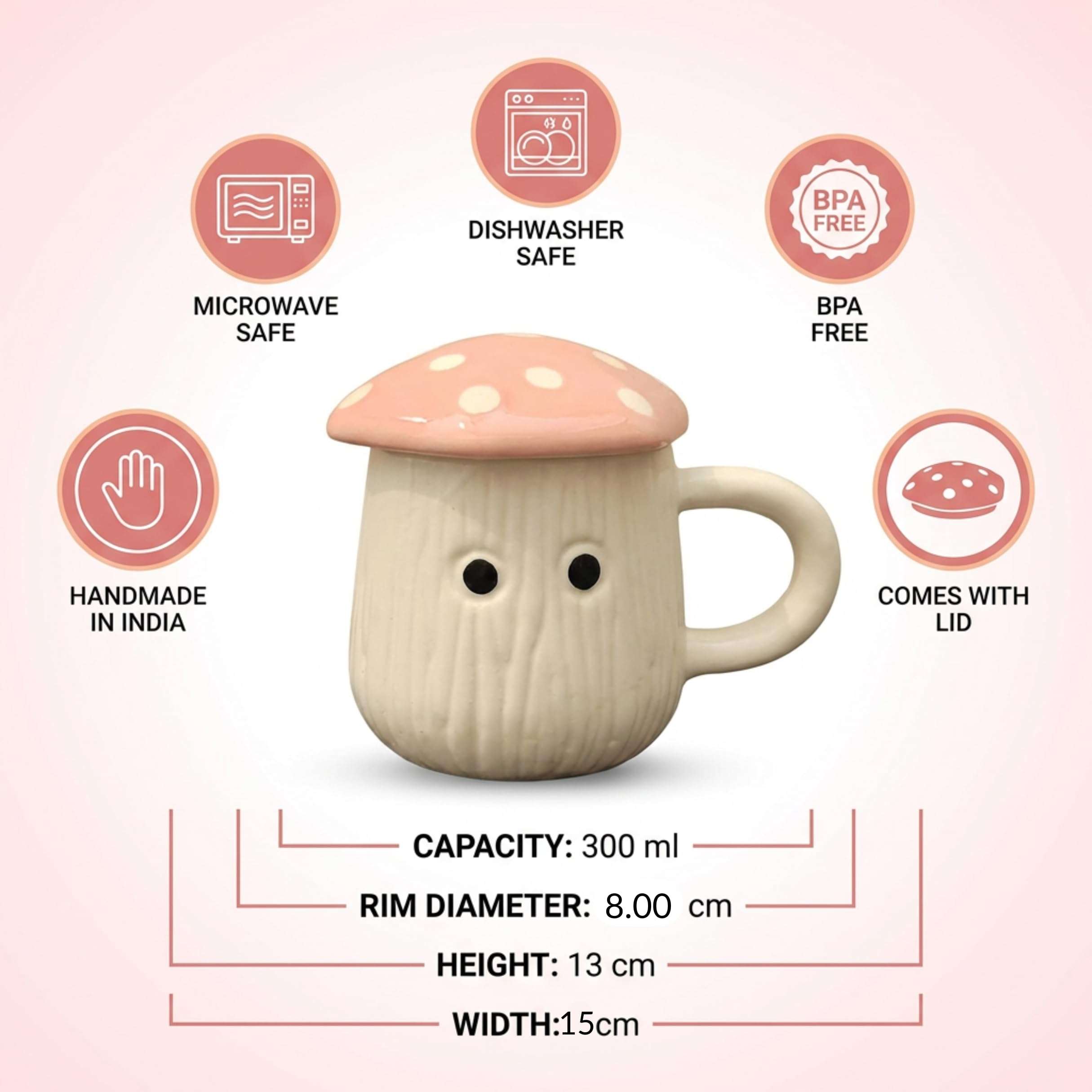 Kalaa By N Pink Mushroom Ceramic Mug with Lid 300ml | Handmade Coffee Tea Cup with Polka Dot Lid | Microwave Dishwasher Safe | Valentine Gift for Her Him | Home Decor Kitchen Dining India 4