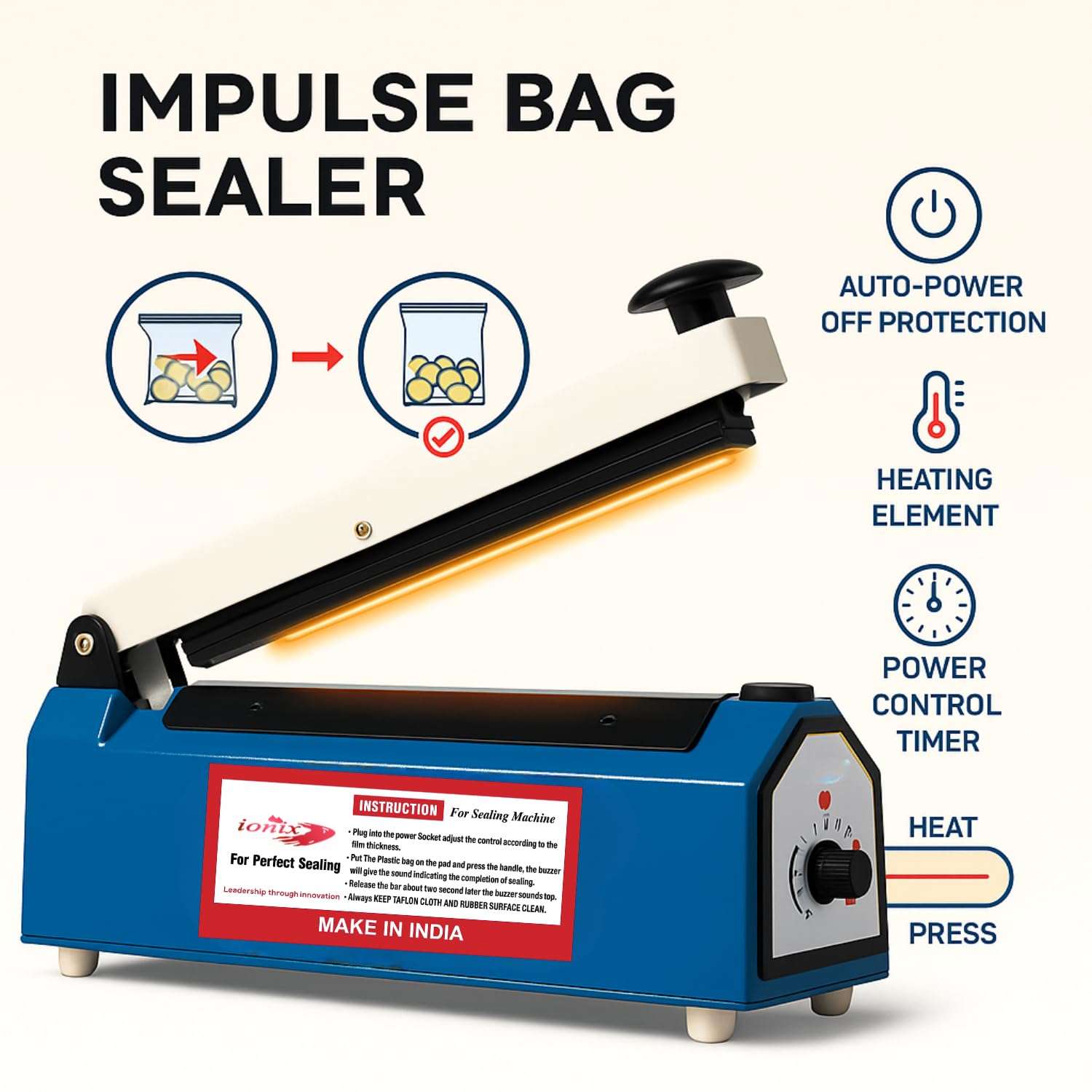 IONIX Sealing Machine for Food Packets | 1 Year Warranty, 8 Inch | Packet Sealer Machine, Packing Machine Sealing, Plastic Sealing Machine, Heavy metal Body From Full Customer Support (Blue - 200mm) 3