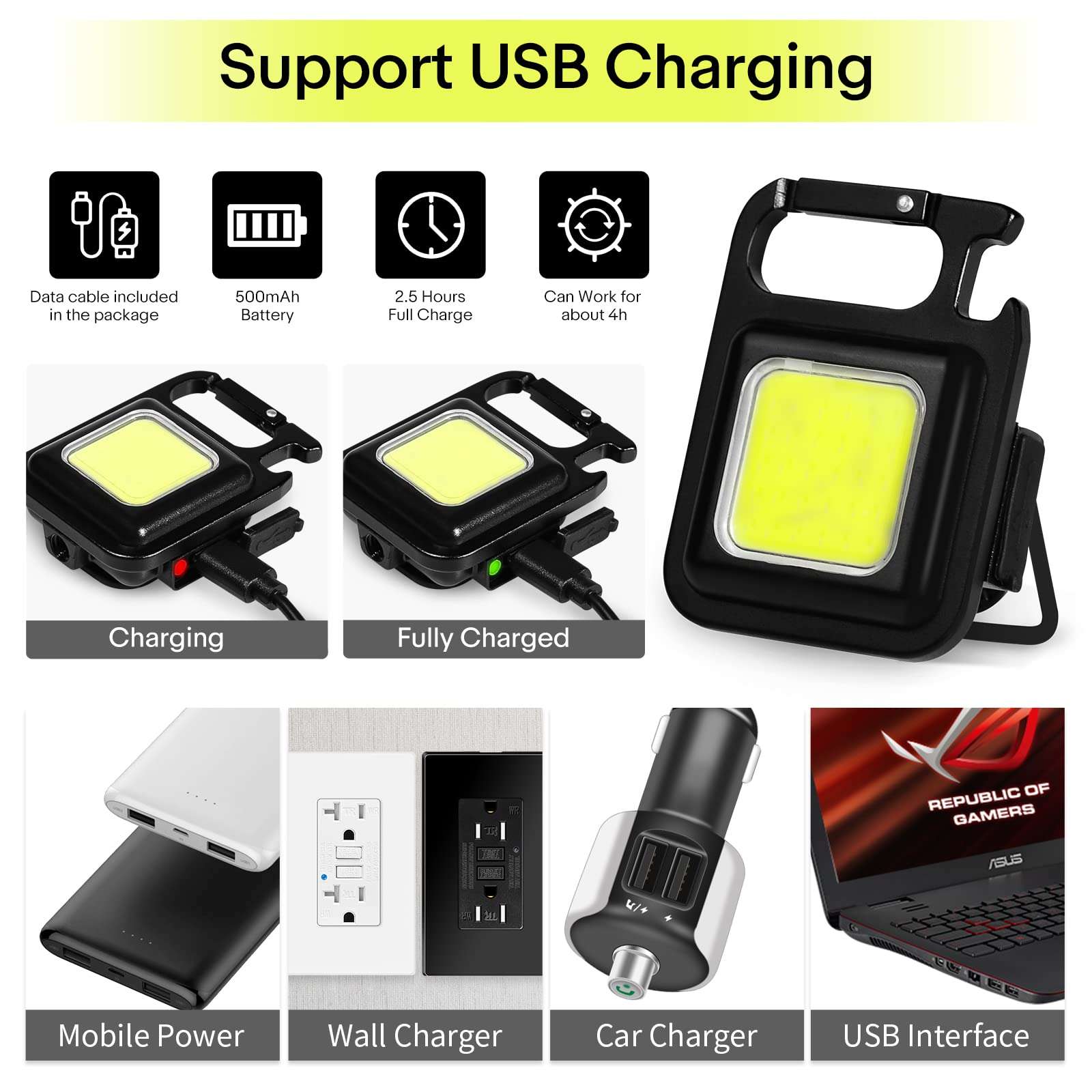 NineLeaf Portable Flashlight Keychain,COB Keychain Work Light,1000 Lumen Emergency Light Flashlights 4 Light Modes,with Folding Bracket Bottle Opener and Magnet Base,Walkig Dog,Camping and Hiking 4