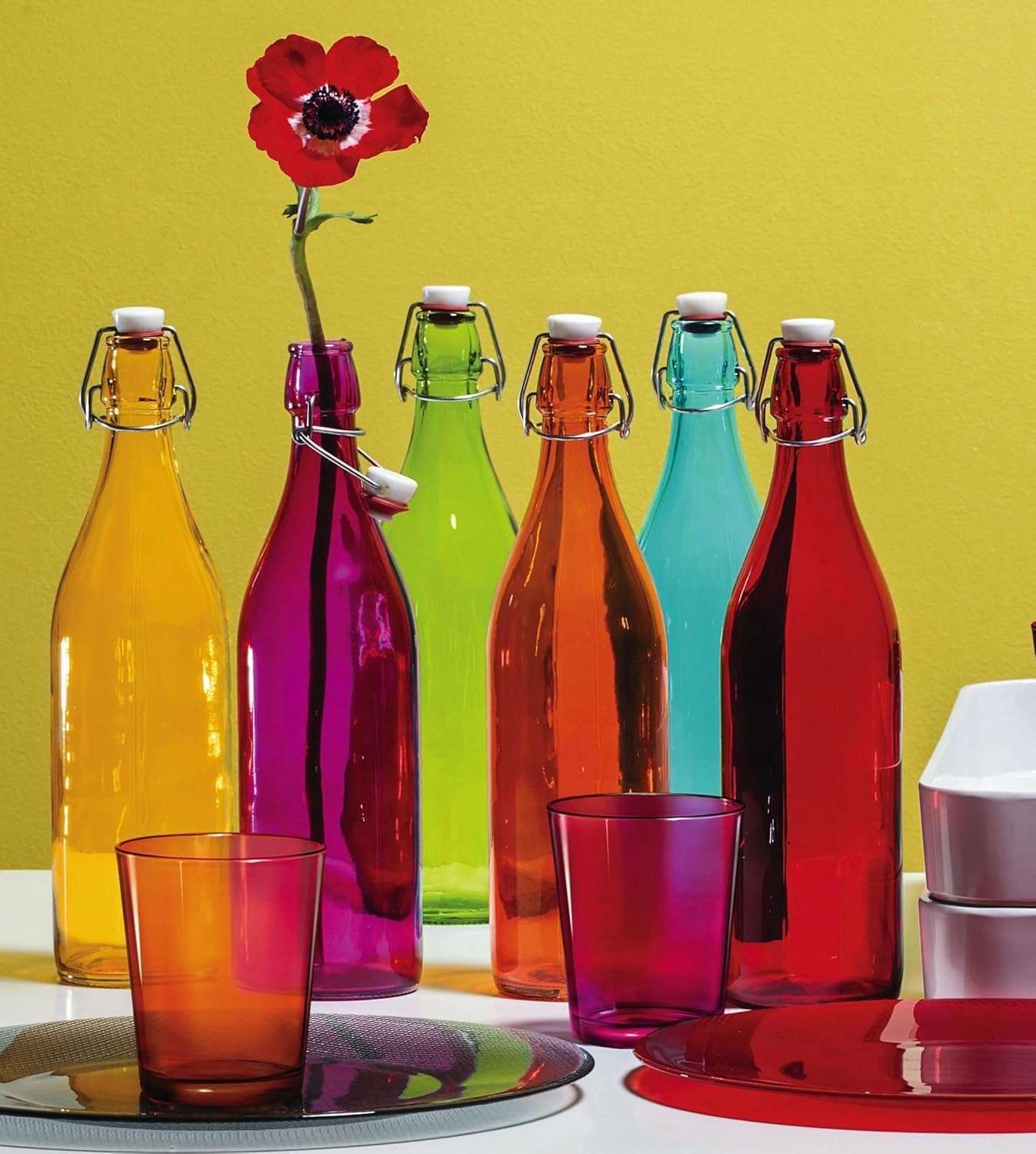 Sunshine Global Source Silica Glass Bottle with Flip Cap, 1 Litre, Set of (Multicolour) (Yellow and Pink) 3