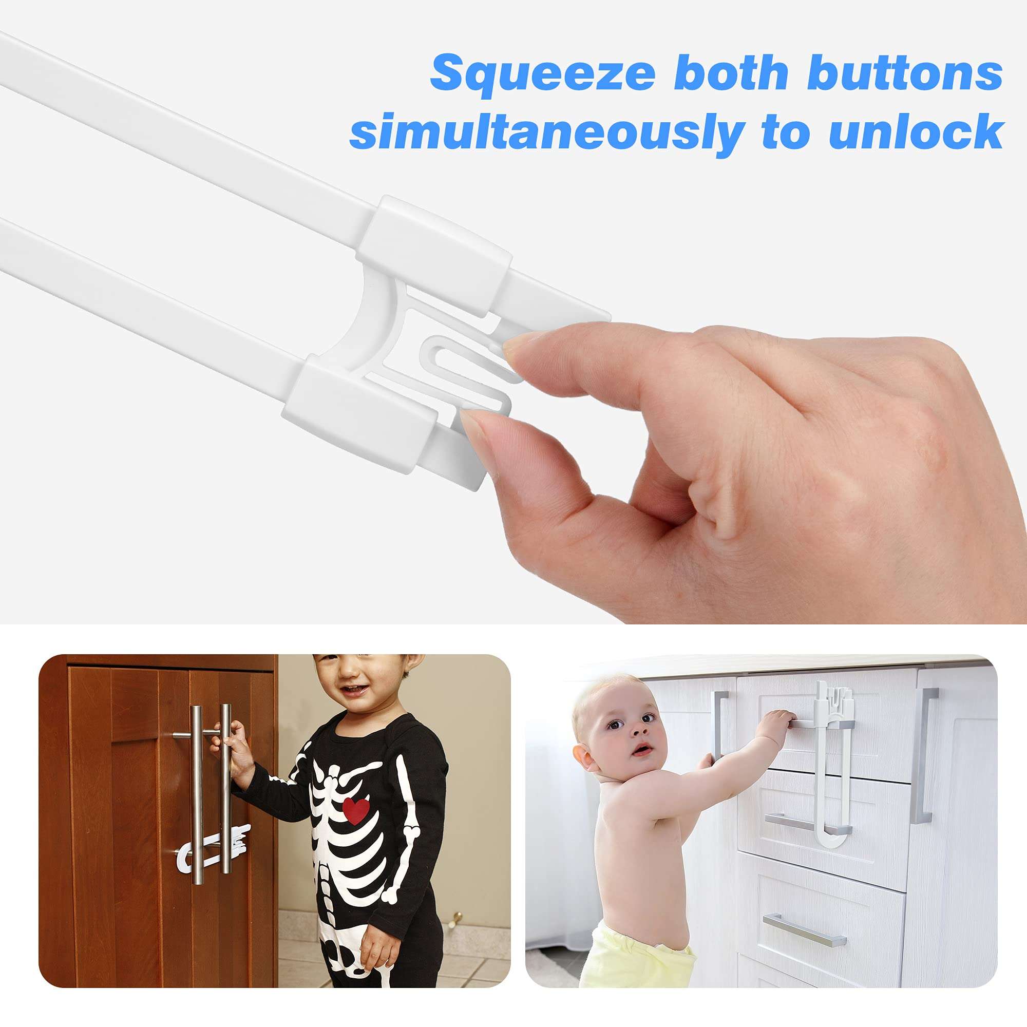 Vmaisi Baby Sliding Cabinet Locks - 4 Pack Adjustable U Shaped Child Safety Locks,Childproof Latches for Kitchen Bathroom Storage Cupboards Doors, Handles and Knobs White (4) 6