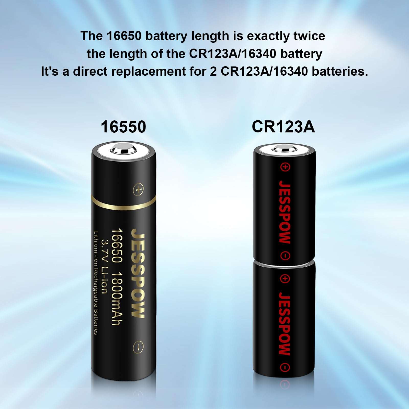 JESSPOW 16650 Rechargeable Battery, 16650 Battery 1800mAh 3.7V Li-ion Rechargeable Battery with Button Top for Flashlights Torches - 2 Pack 3