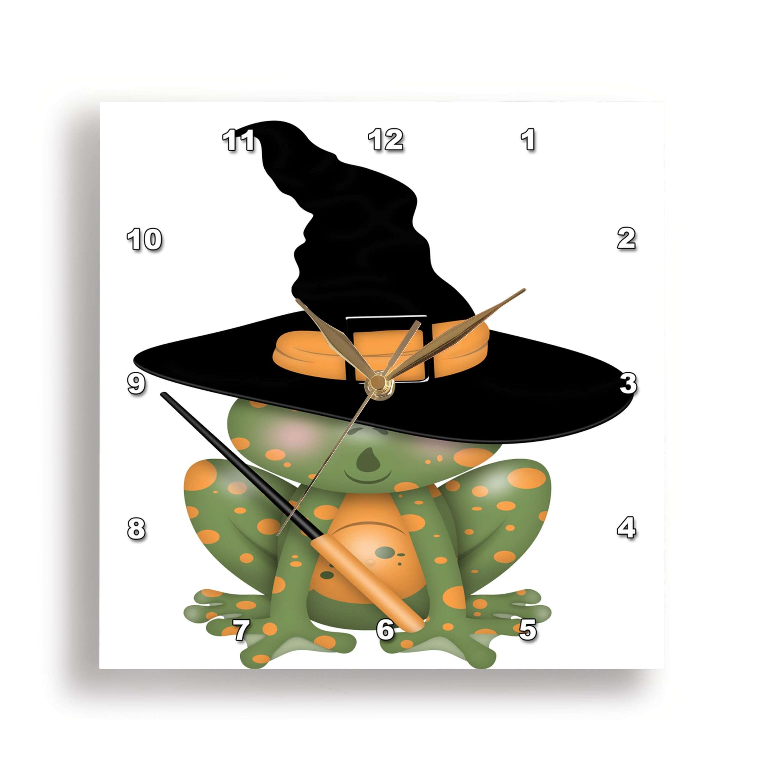 3dRose Wall Clock Silent - 10 inch - Cute Halloween Orange and Green Frog with Hat Illlustration - Cute Illustrations 1