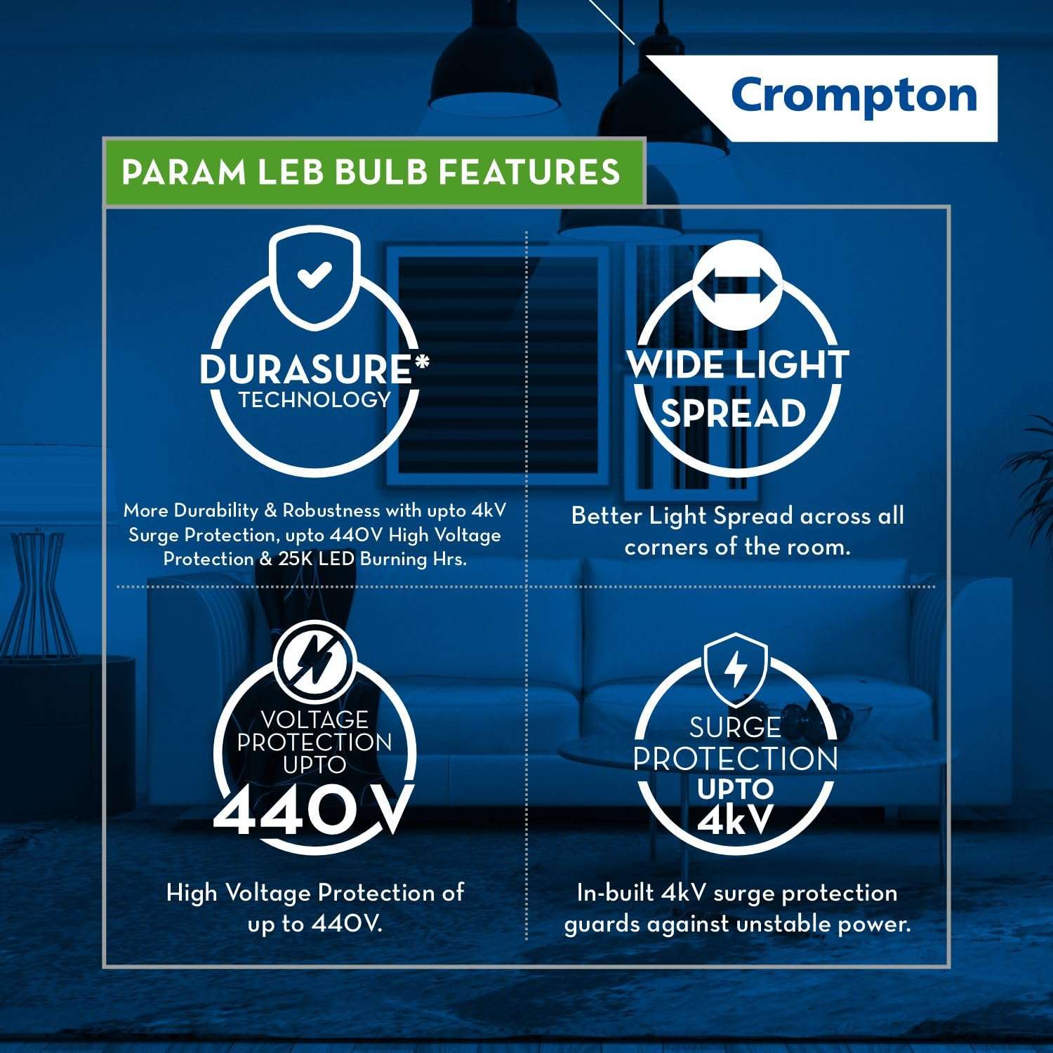 Crompton Param LED Bulb | 12W | Cool Day Light | B22 Base | 180 Degree Coverage | 4kV Surge Protection | 440V High Voltage Protection | Pack of 8 3