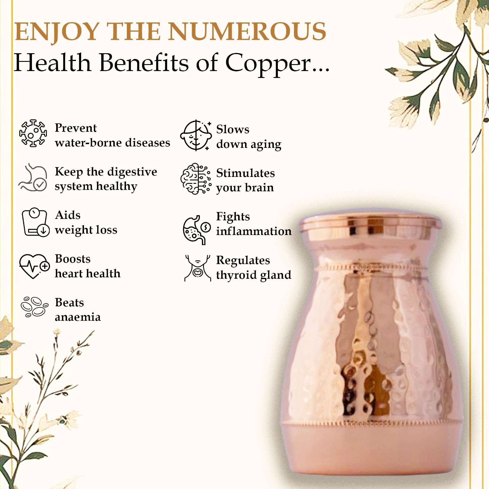 Pure Copper Vedic Bottle/Vedic Jar with Lid (500 ml) | Handmade Hammered Copper Water Storage Pot | Ayurvedic Health Drinkware | Lacquer Coated | 6