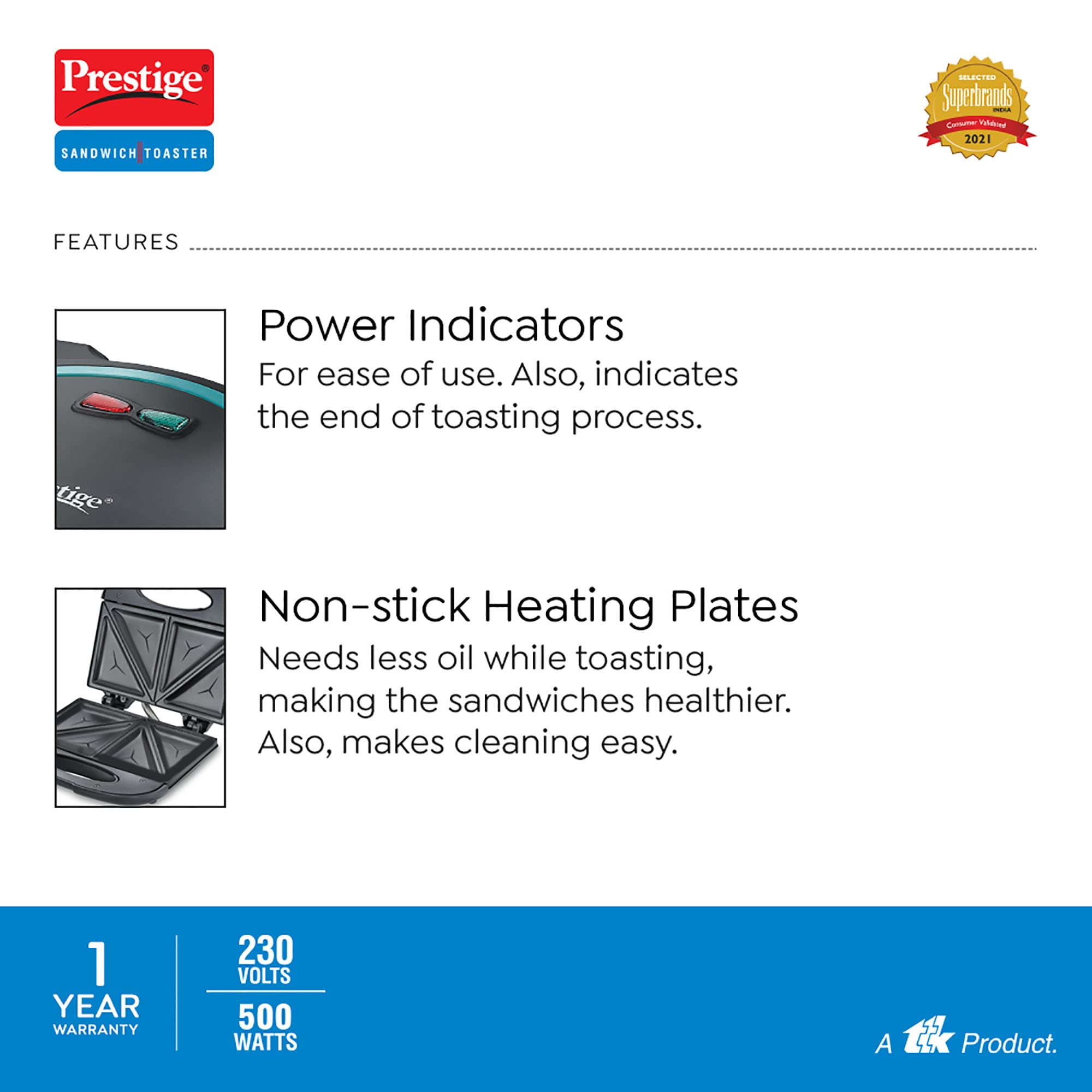 Prestige PSMFB (D) 800W Sandwich Toaster with die cast Aluminium Sandwich Plates|Power Indicators|Non-Stick Coating|Black|1 Year Warranty 6