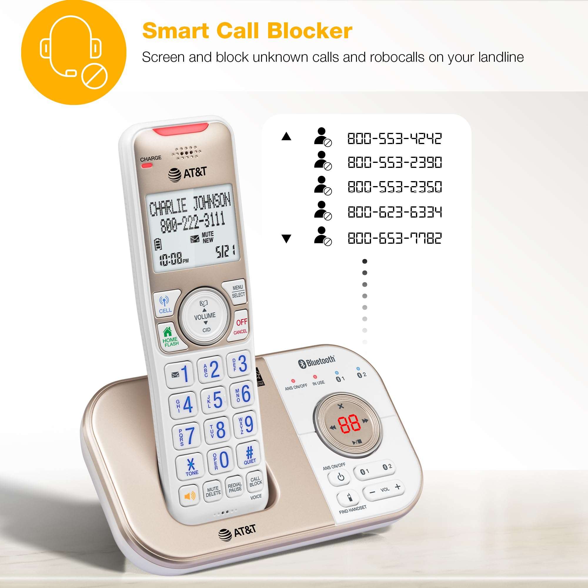 AT&T 2-Handset DECT 6.0 Bluetooth Expandable Cordless Phone for Home with Answering Machine, Smart Call Blocking, Caller ID, Intercom and Bluetooth Connect to Cell: BL3112-2 (Champagne Gold/White) 3