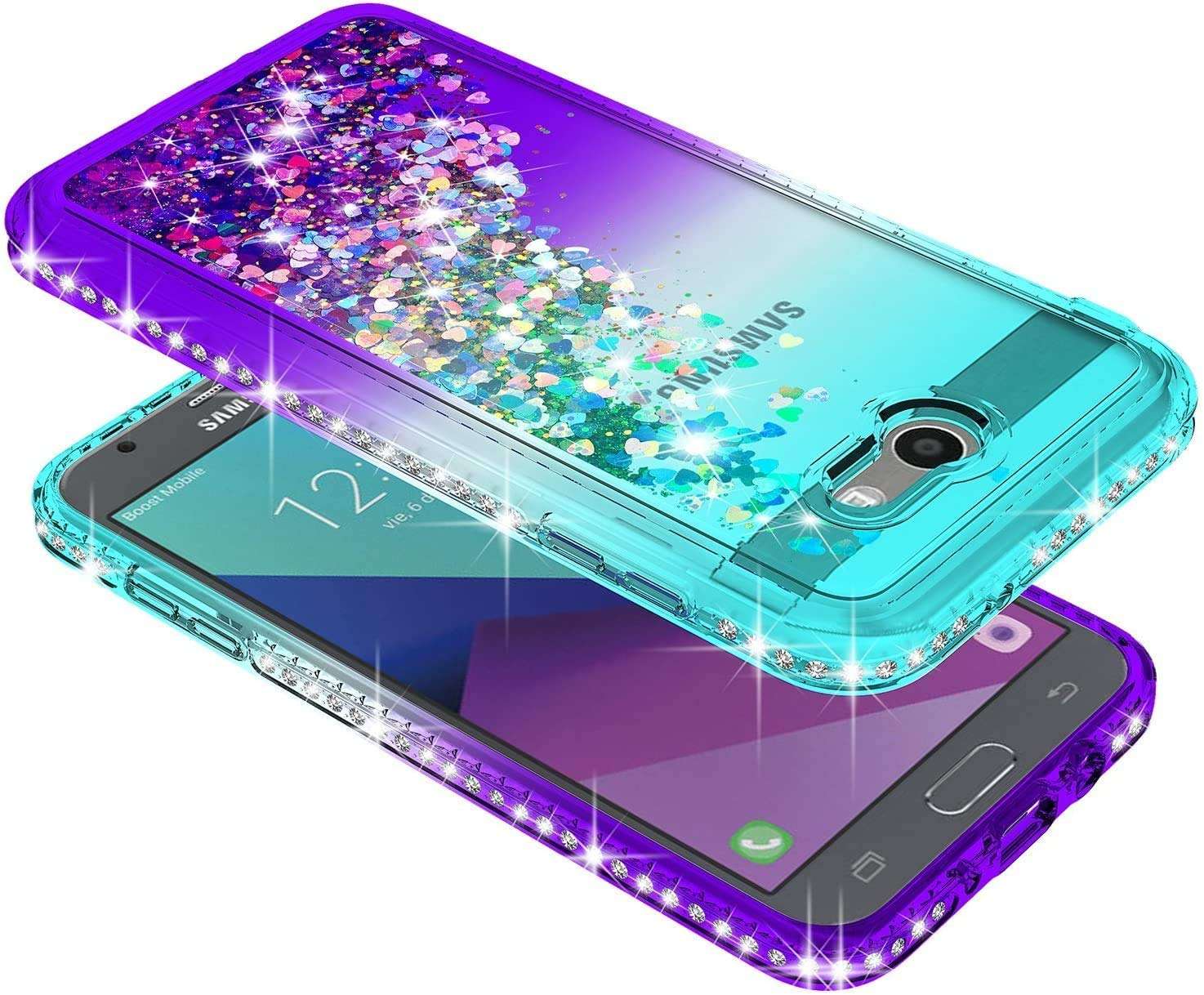 E-Began Case for Samsung Galaxy J3 Luna Pro, J3 Emerge/J3 2017/J3 Eclipse/Sol 2/J3 Mission with Screen Protector, Glitter Liquid Floating Quicksand Bling Diamond, Durable Girls Cute Case -Aqua/Purple 3