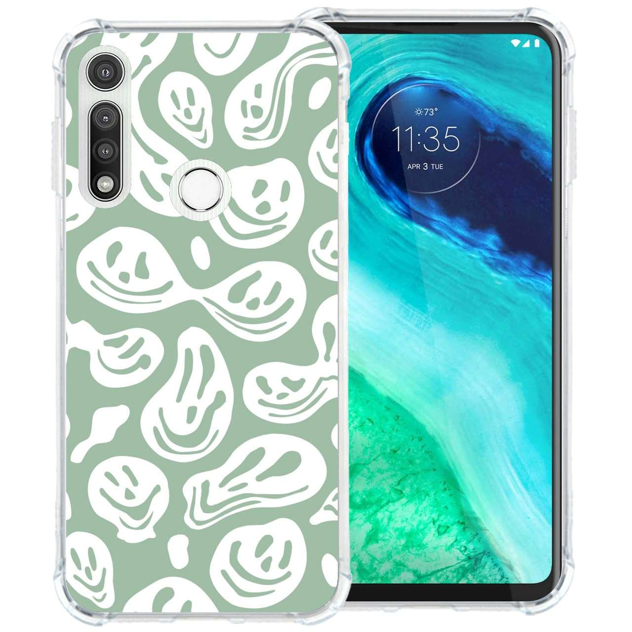 zaztify Phone Case for Motorola Moto G Fast, Pastel Green White Funny Trippy Dripping Smile Melted Hippie Smiling Skull Ghost Face Cute Shockproof Protective Soft Clear Cover Shell