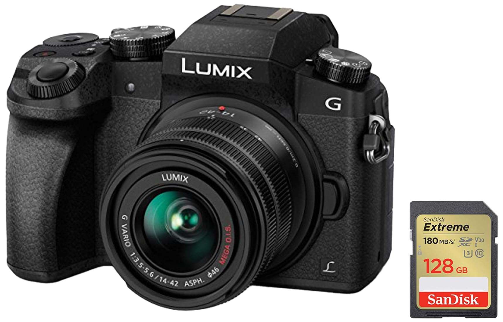 Panasonic LUMIX G7 16.00 MP 4K Mirrorless Interchangeable Lens Camera Kit & SanDisk Extreme SD UHS I 128GB Card for 4K Video for DSLR and Mirrorless Cameras 180MB/s Read & 90MB/s Write 1