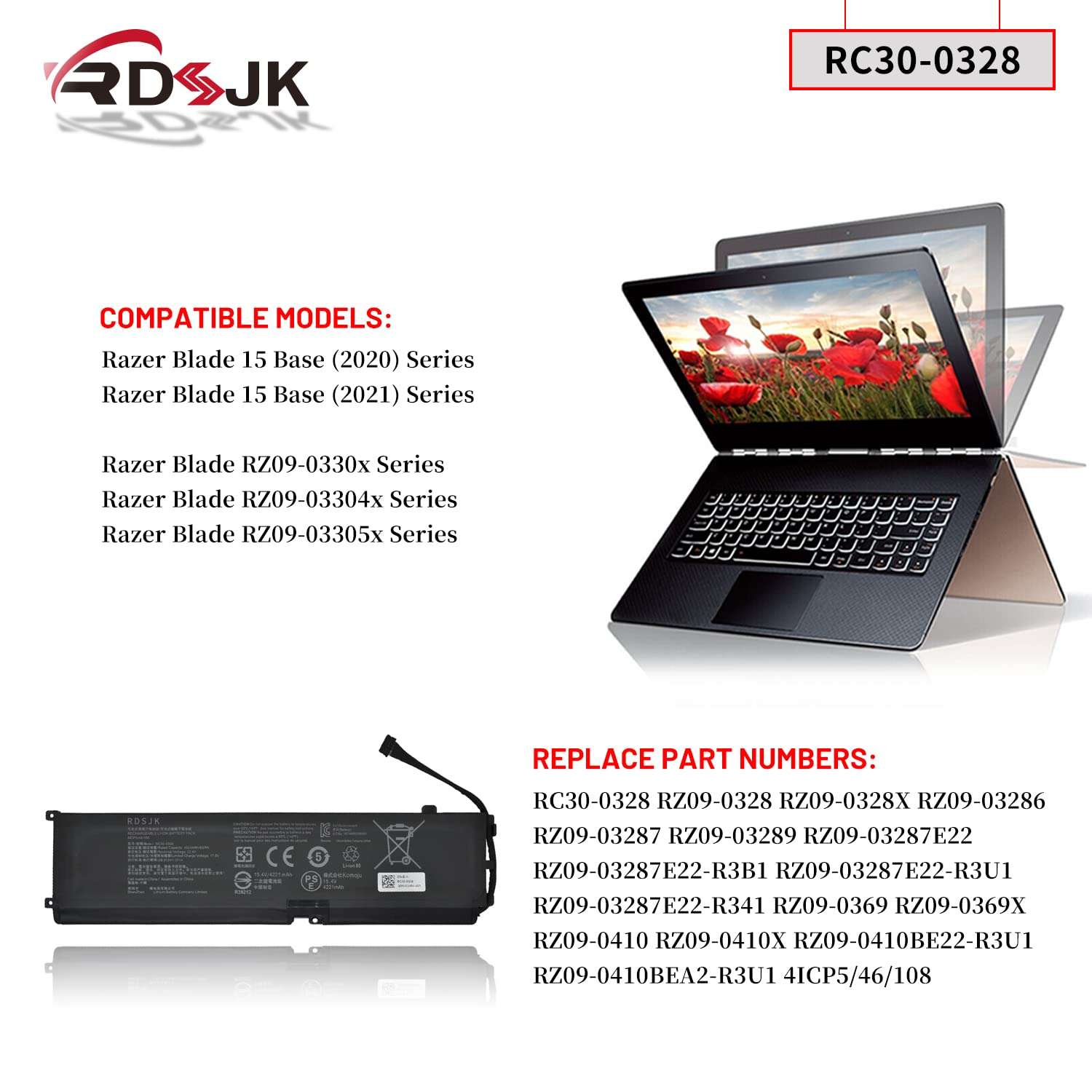 RC30-0328 Laptop Battery for Razer Blade 15 Base 2020 2021 RZ09-0328 RZ09-0328X RZ09-03286 RZ09-03287 RZ09-03289 RZ09-03287E22 RZ09-03287E22-R3U1 RZ09-0369 RZ09-0369X RZ09-0410 RZ09-0410BE22 RZ09-0330 3