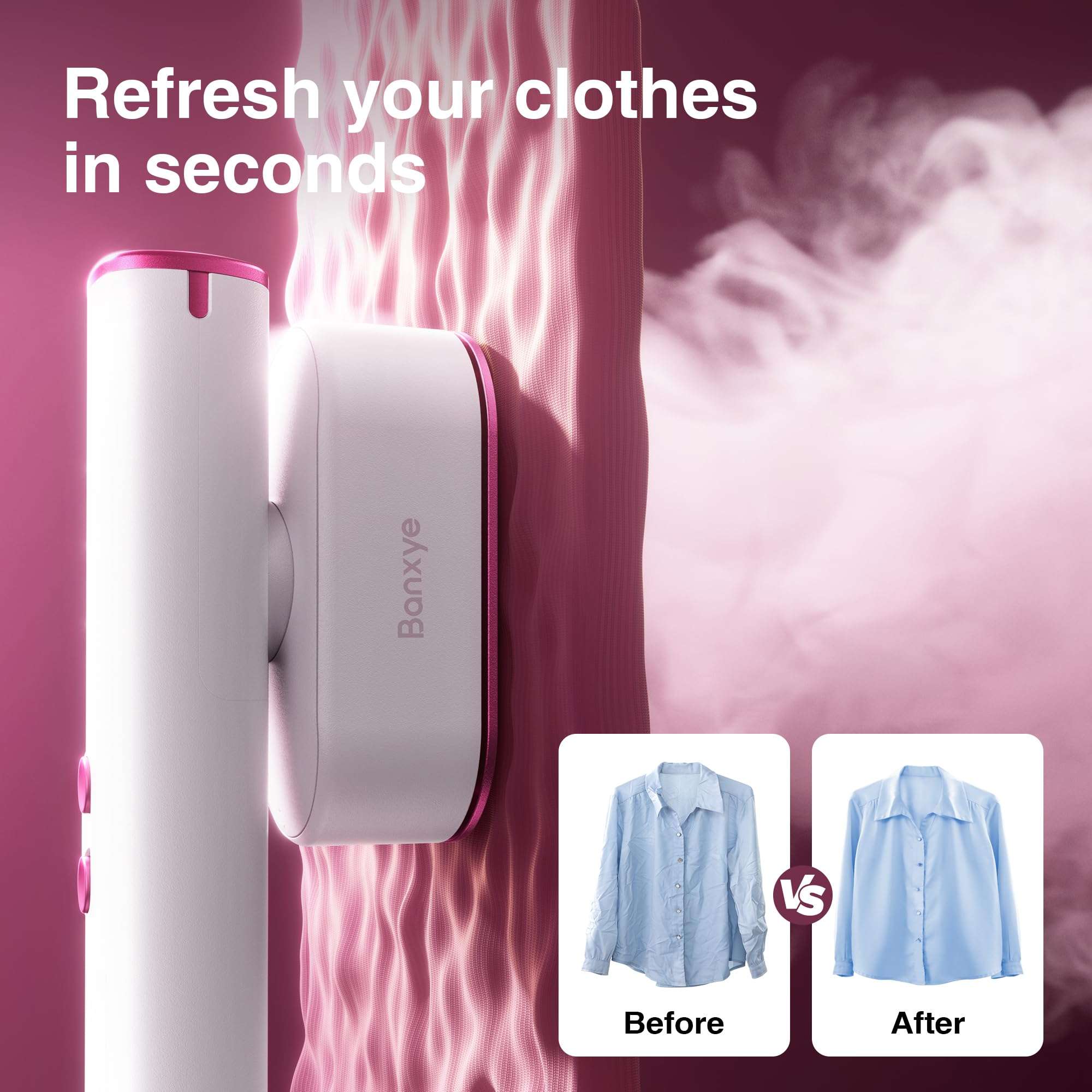 Banxye Portable Clothes Steamer, 100-240V Dual Voltage Garment Steamer, 1000W Travel Steamer, 30s Fast Heat Up, 10 Minutes Continuous Steam, Ceramic Panel Steamer Iron for Travel & Home Use (Rose Red) 5