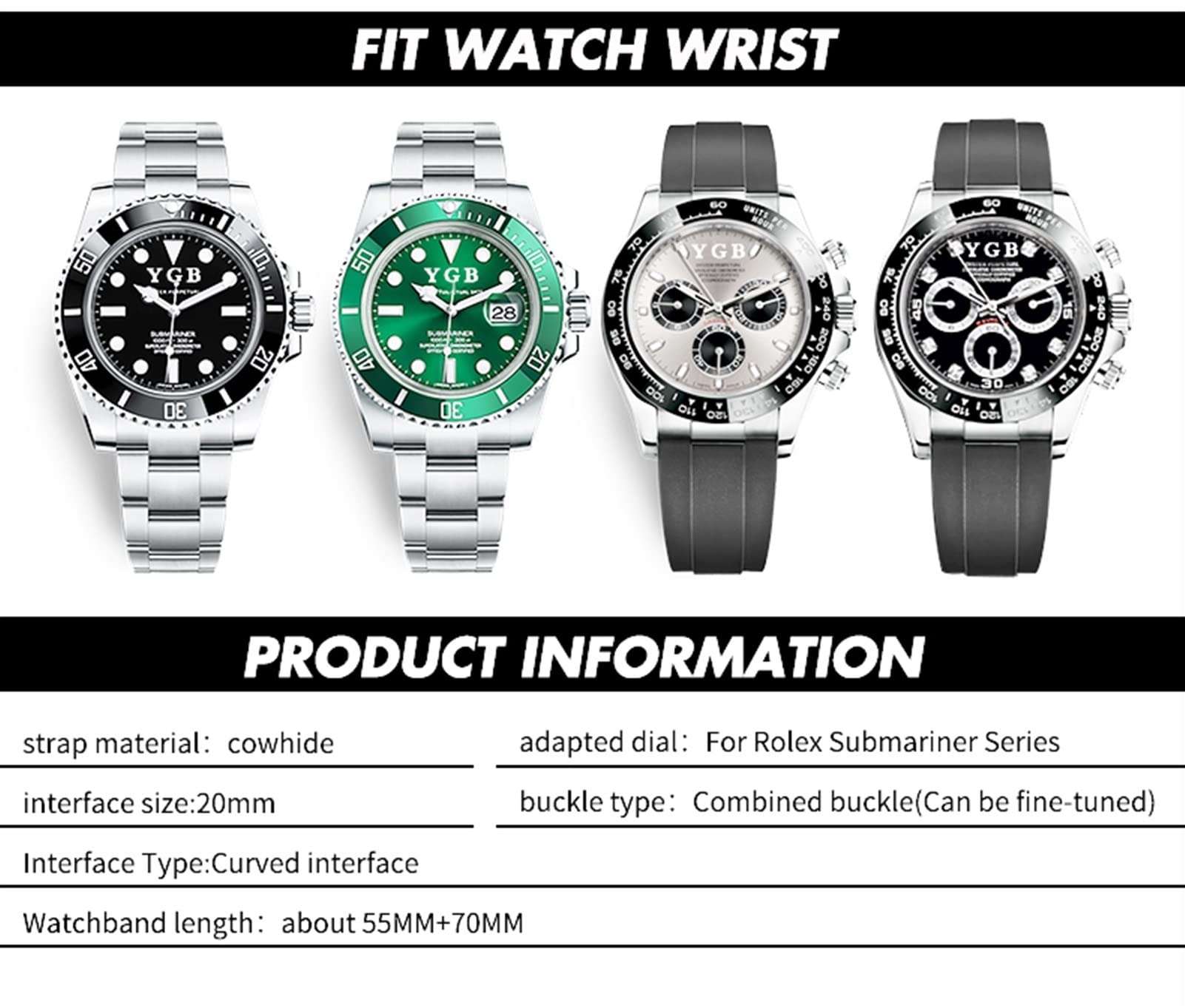 ANKANG Curved End Genuine Leather 20mm Slide Lock Buckle Watchband for Rolex GMT Submariner Hulk Oyster Watch Strap (Color : Black, Size : 20mm RLX) 6