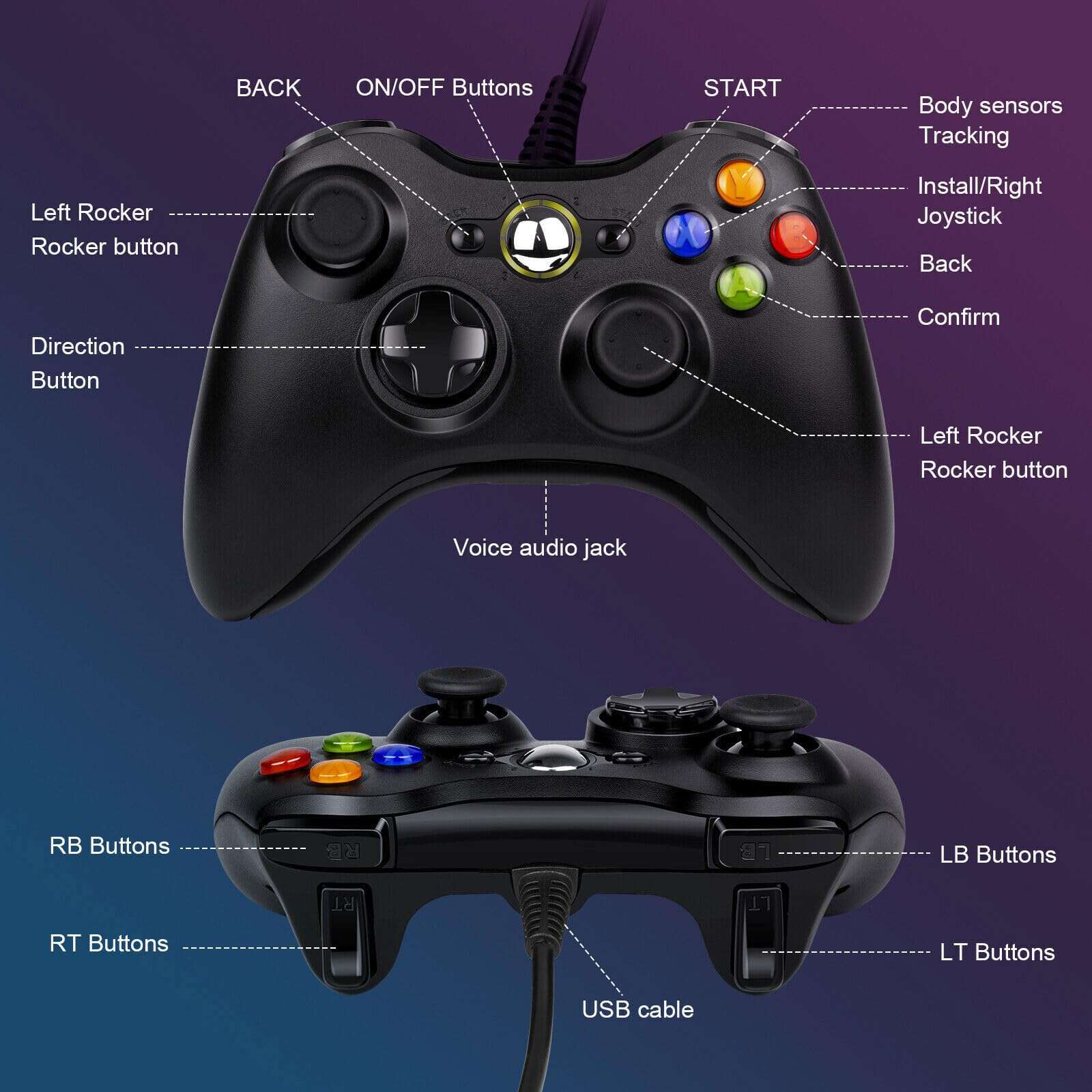 NBCP Wired Game Controller for Xbox 360 & PC, USB Xbox 360 Controller with Dual Vibration, Compatible with Microsoft Xbox 360/Xbox 360 Slim & Windows 7/8/8.1/10 (Wired for Xbox 360) 3