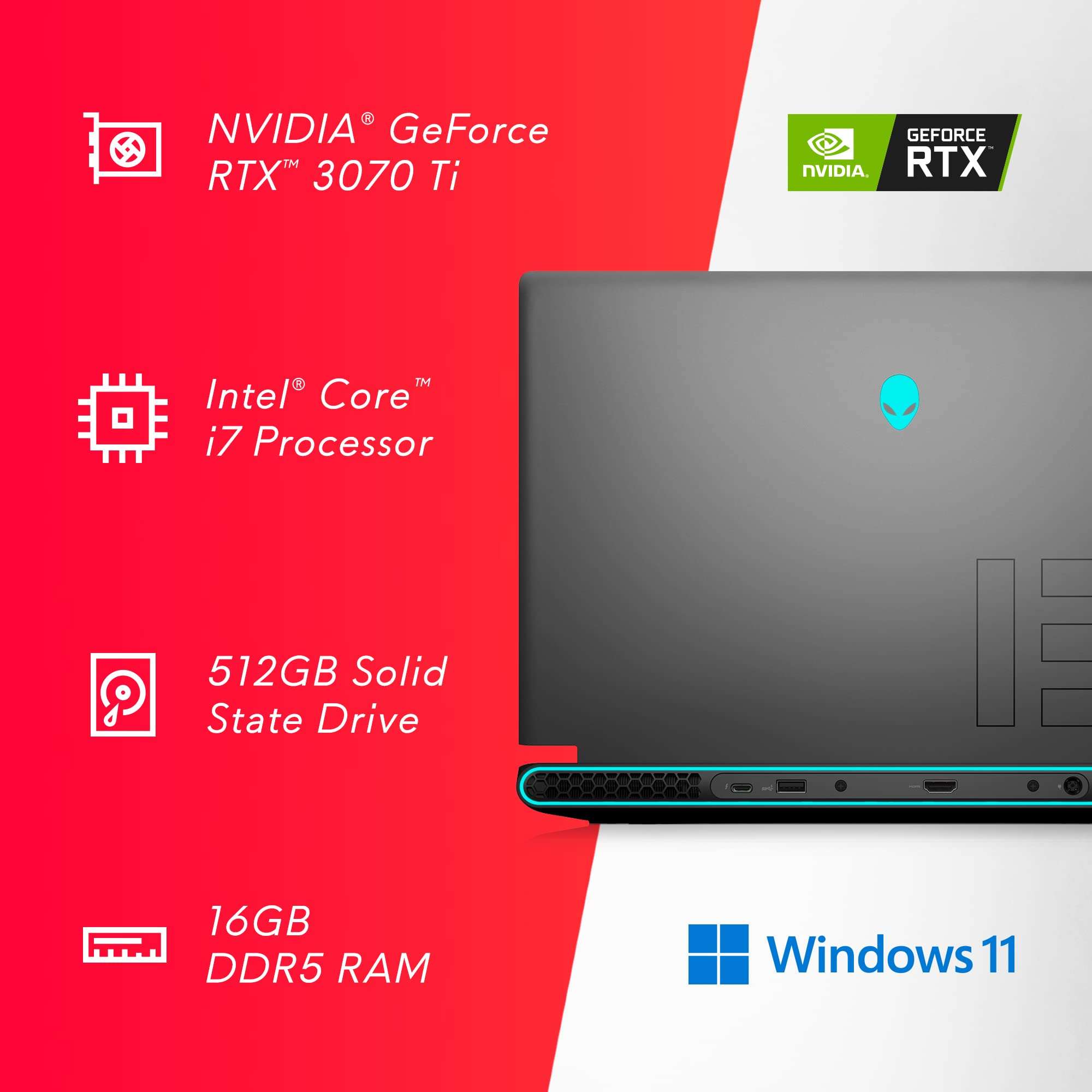 Alienware m15 R7 Gaming Laptop - 15.6-inch QHD 240Hz 2ms Display, Intel Core i7-12700H, 16GB RAM, 512GB SSD, NVIDIA GeForce RTX 3070 Ti 8GB GDDR6, HDMI, USB-C, Wi-Fi 6, Windows 11 Home - Black 2