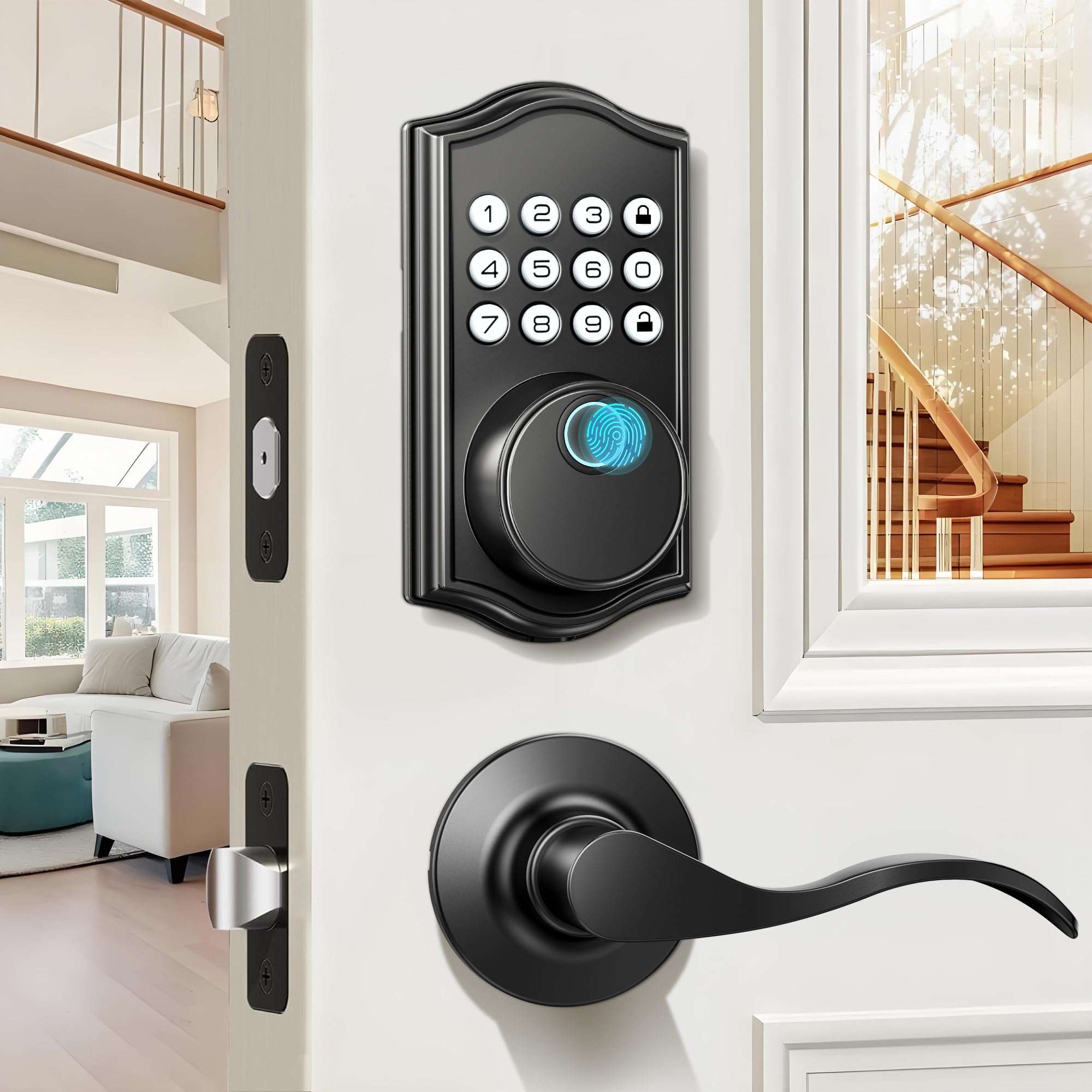 Keyless Entry Door Lock Deadbolt with Handle Set,Fingerprint Smart Locks for Front Door,Backlit Digital Keypad Deadbolt with 2 Keys - Auto Locking - Easy Installation-Left/Right Doors (Matte Black)