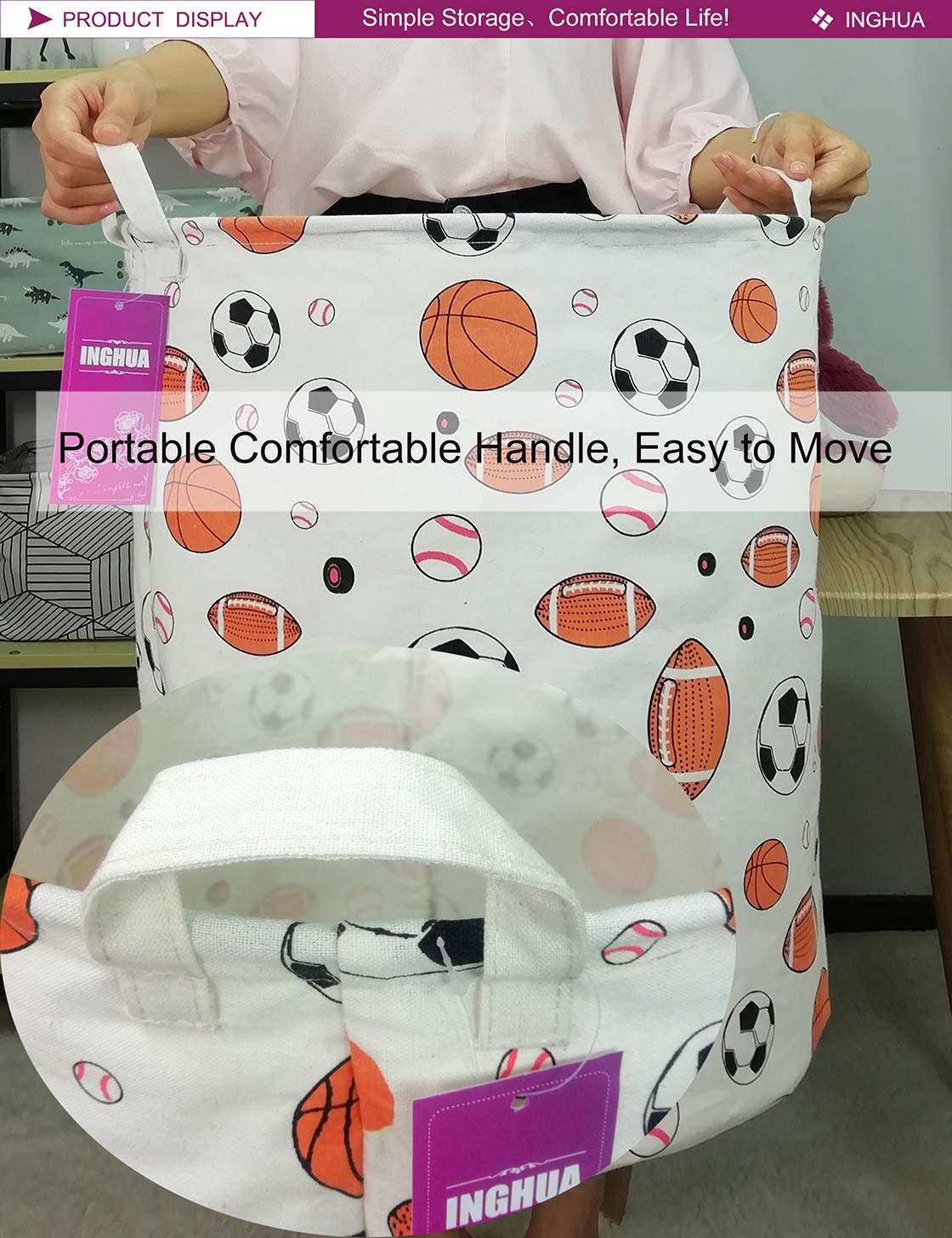 INGHUA Laundry Hamper Large Canvas Fabric Lightweight Storage Basket/Toy Organizer/Dirty Clothes Collapsible Waterproof for College Dorms, Boys and Girls Bedroom,Bathroom(Ball game) 5