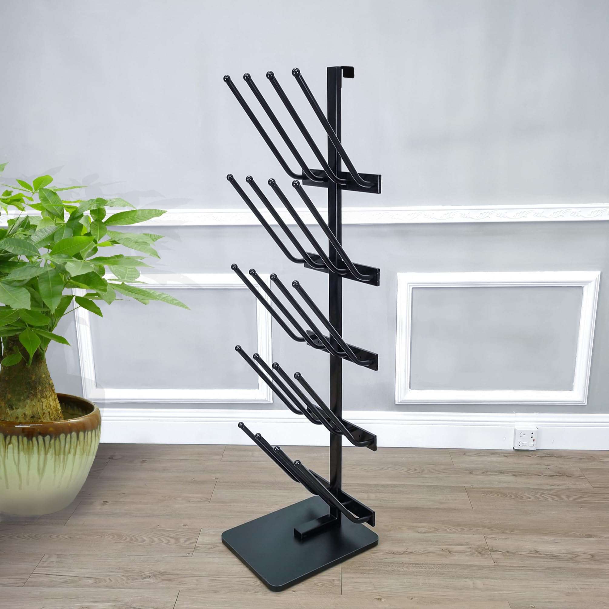 12.8X16X55.7" 10 Pairs Boots Shoes Rack 5 Tiers Boots Organizer Black, Floor Standing, or Use as 5 Wallmount Holders, or Hang Over The Door, Easy Assembly Video in Description 10159-NF 5