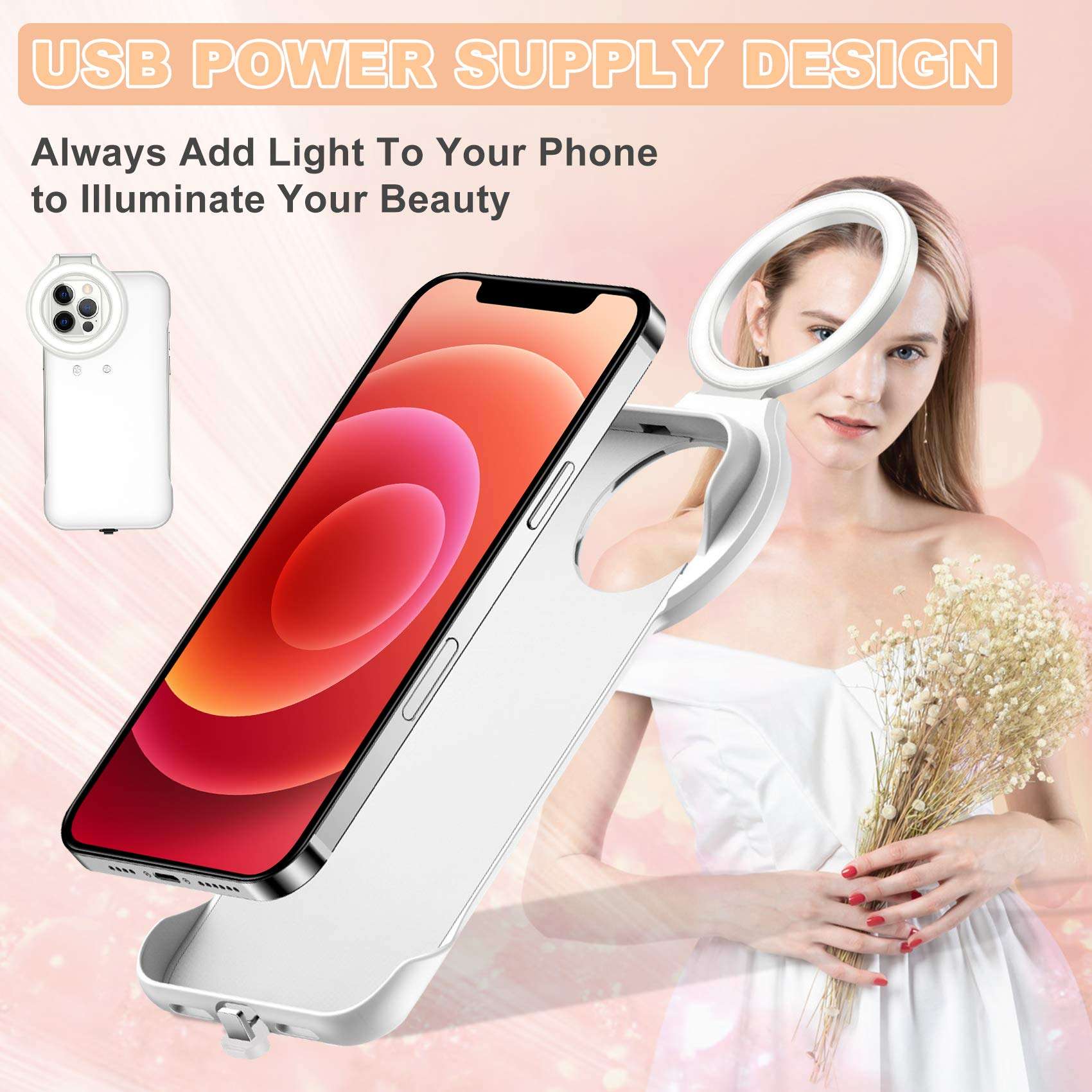 INOCTI Phone Case Built-in Selfie Ring Light for iPhone 12 Pro, LED Illuminated Selfie [Rechargeable] Luminous Flashlight Cellphone Case Cover for iPhone 12-3 Lighting Modes White 5