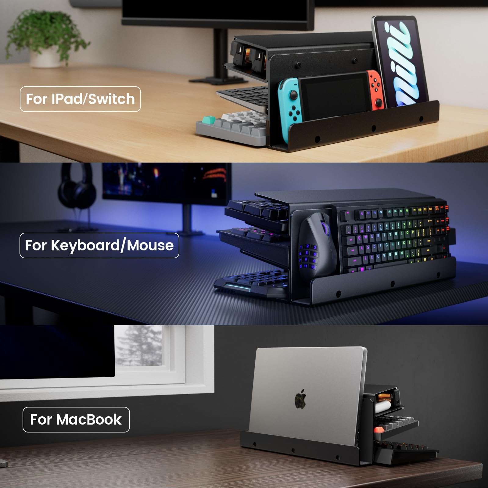 Yikola Acrylic Keyboard Mouse Storage Rack, 3-Tier Keyboard Display Stand-Full Size,Acrylic Frame Holder Stand, Gaming Keyboard Plate Holder Keyboard Mouse Desktop Organizer-Ultra Black 5