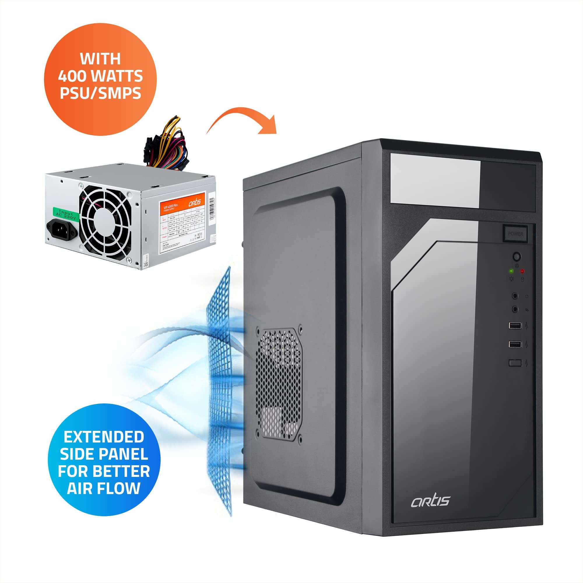 Artis 2620 3.0 C Computer Cabinet Support Micro ATX Motherboard, 1 x 80mm Fan with 400W Power Supply 5