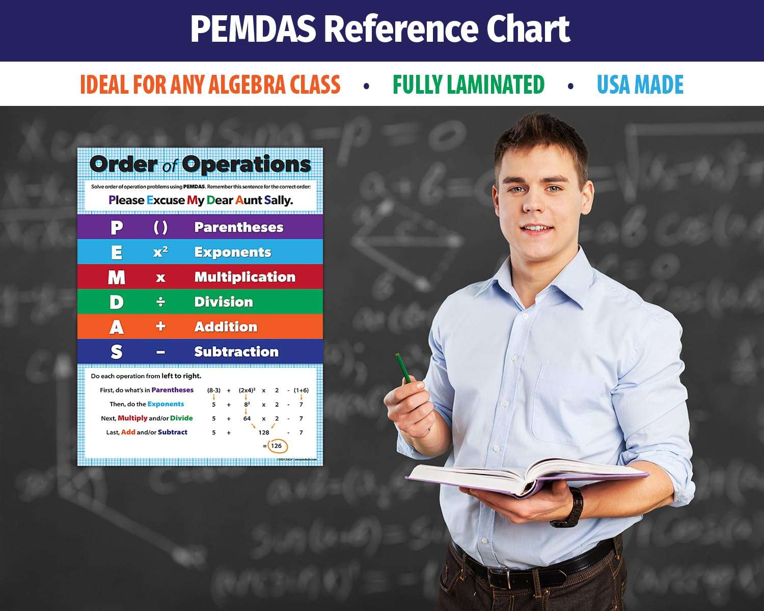 Safety Magnets ZOCO – Order of Operations, PEMDAS Poster – Algebra Math Classroom Decor for 5th 6th 7th Grade – Laminated 17x22 – Anchor Chart for Elementary Middle School Teachers Homeschool 2