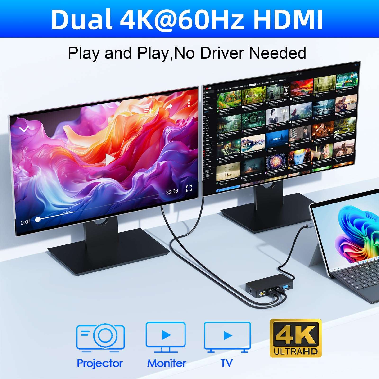 Microsoft Surface Thunderbolt 4 Dock with 100W Power Supply - 12 in 1 Surface Pro Docking Station with Dual HDMI+VGA for Surface Pro 11/10/9/8/X/7+,Surface Laptop, Surface Go - 2 Year Warranty 3