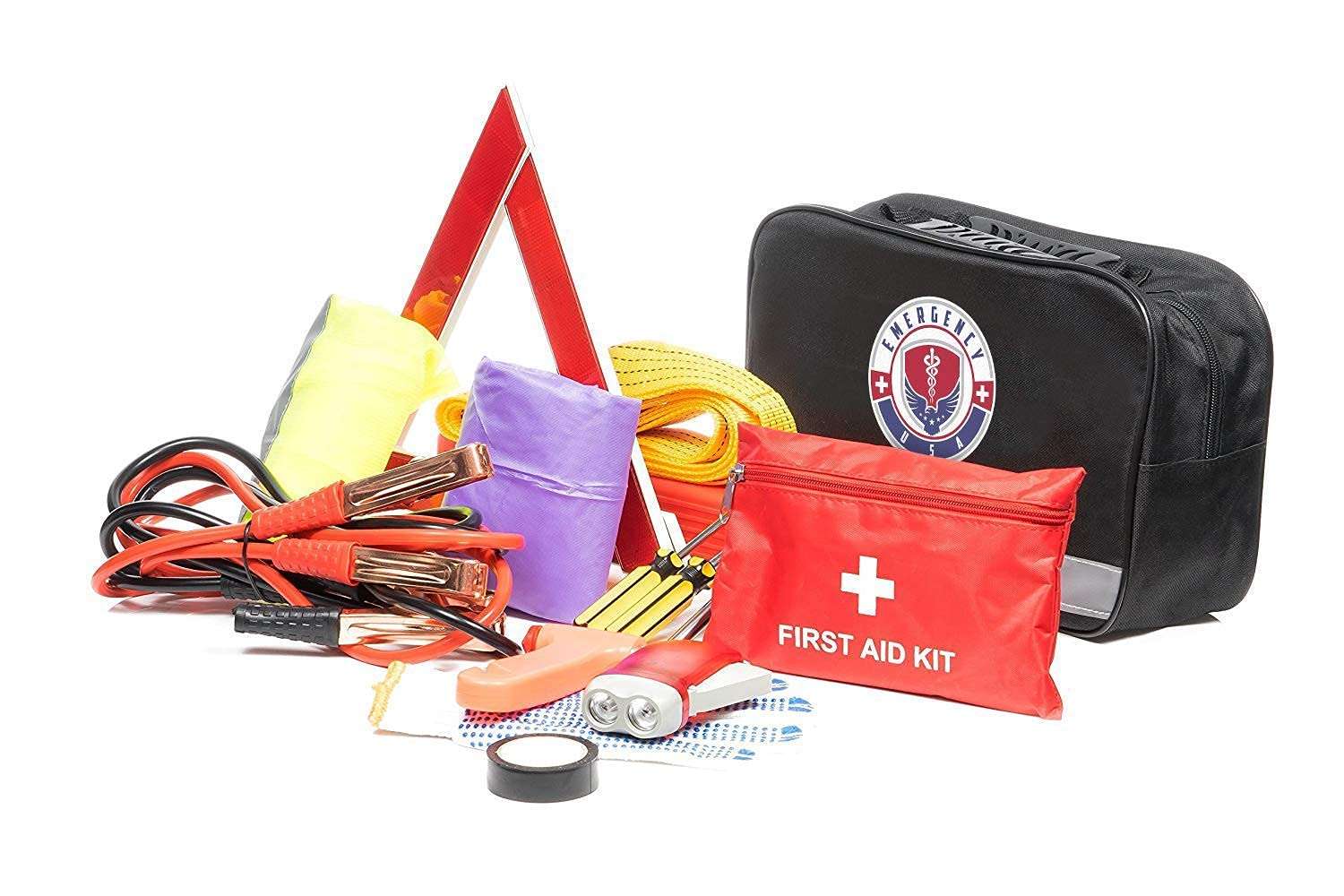 Roadside Car Emergency Kit - First Aid Set, Jumper Cables, Tow Strap, LED Flash Light, Rain Coat, Tire Pressure Gauge, Safety Vest and More (Black) 5