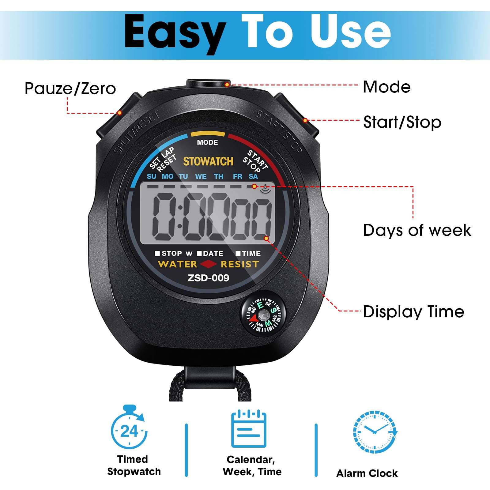 Maxdot 40 Pieces Digital Stopwatch Timer Waterproof Stop Watch Large Display Stop Watches for Sports Multi Function Stopwatches for Coaches Wrist Stopwatch 4
