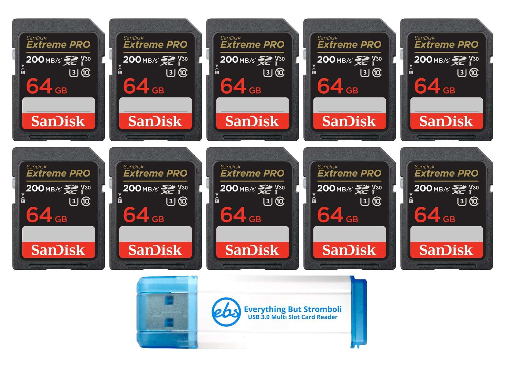 SanDisk 64GB SDXC Extreme Pro Memory Card (10 Pack) 4K V30 UHS-I Speed Class 10 (SDSDXXU-064G-GN4IN) Bundle with (1) Everything But Stromboli 3.0 SD/TF Card Reader 1