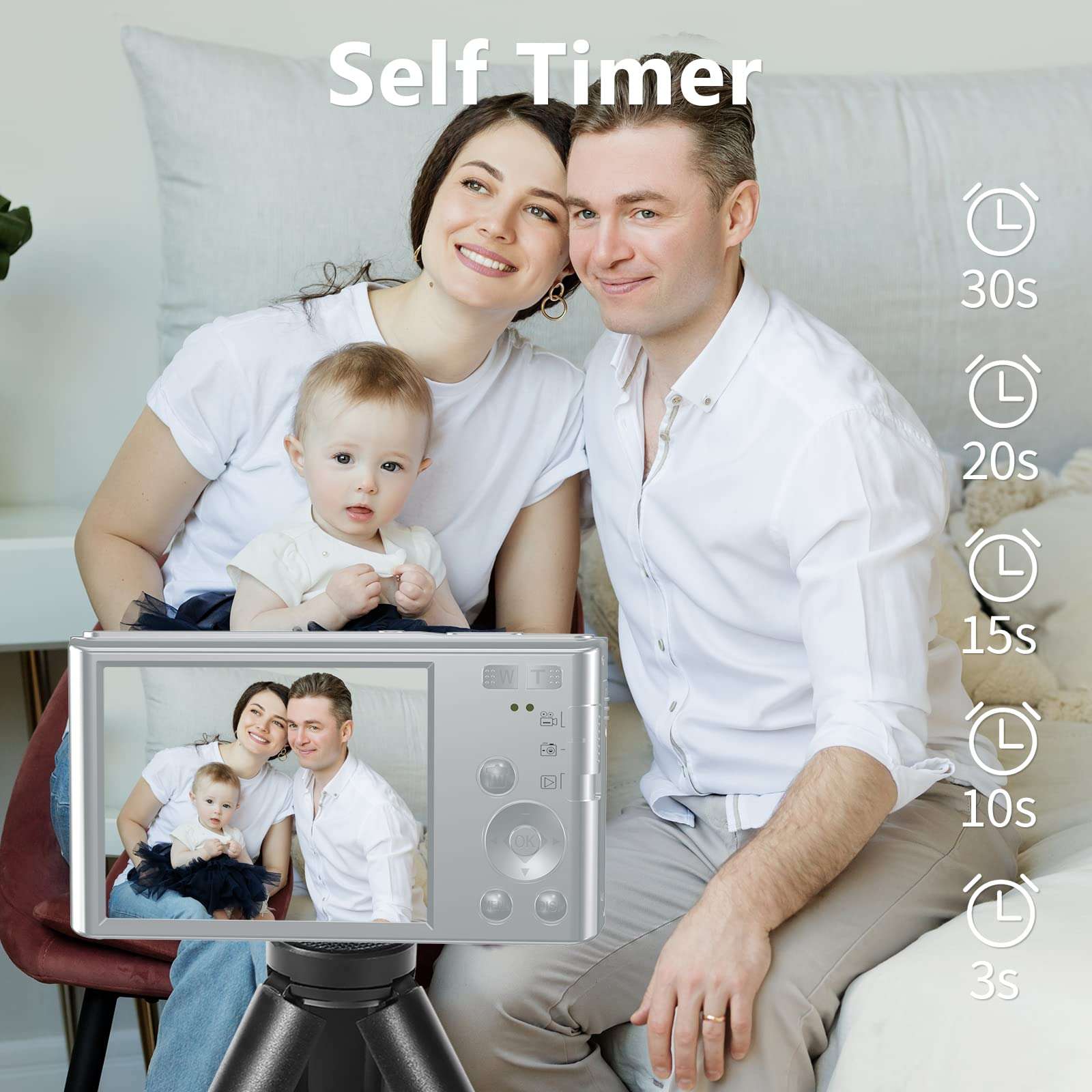 Digital Camera, Mini Camera with 2.8" Screen 16X Digital Zoom, VJIANGER 4K Vlogging Camera 48MP Pocket Camera for Kids Teens Aldults with 32GB SD Card & 2 Rechargeable Batteries & Tripod(DC6-4 Silver) 6