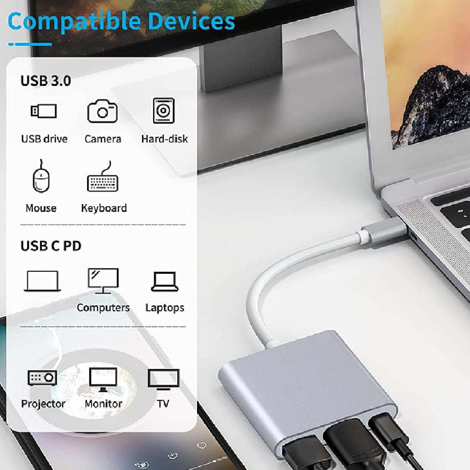 Zopsc Type C to HDMI 3 in 1 Docking Station, 4K HD 5Gbps TV Projector Adapter, 60W PD Power USB C Hub Docking Station for TV Projector Computer. 6