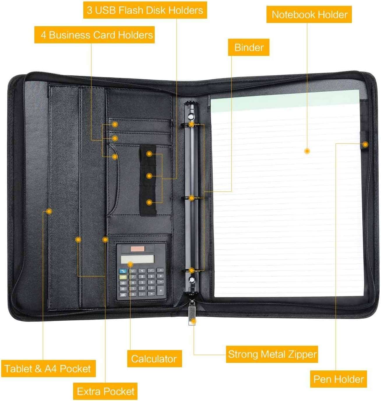 KUSCOR Padfolio Portfolio with 10.1 inch Tablet Sleeve, Professional Interview and 3 Ring Business PU Leather Folder, Zippered Closure, Writing Pad, Calculator, Card Holder, Black 5