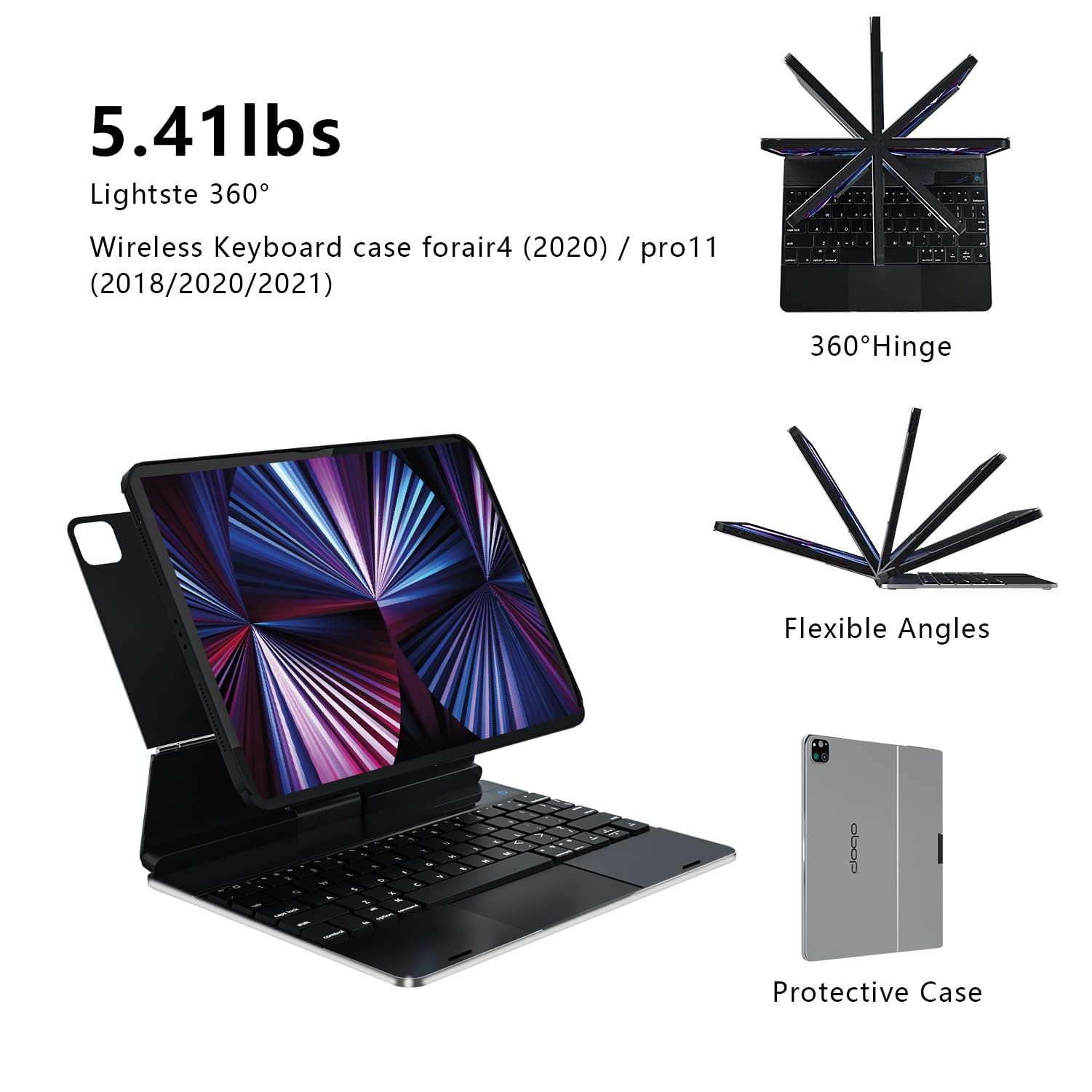 doqo iPad Air 4th 10.9 Case with Keyboard, 360 Rotating Keyboard case, Magnetic Trackpad Backlit Keyboard case for iPad Air 4th Generation(2020), iPad Pro 11 2018/2020/2021(Aluminum Alloy, Black) 5