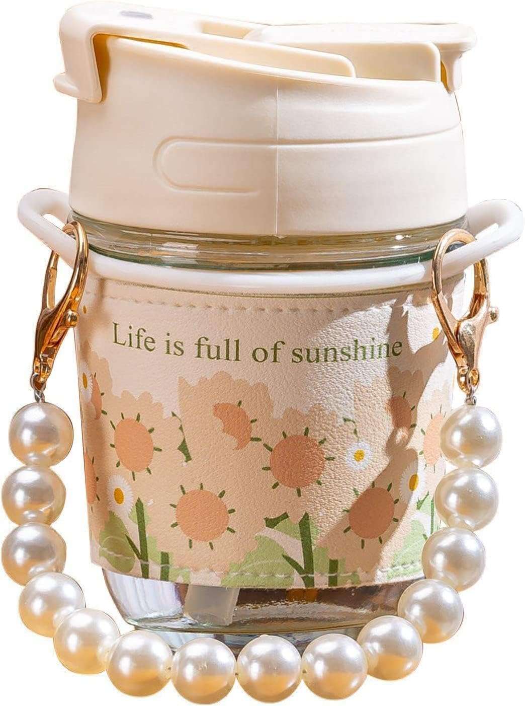 Pearl Carry Chain Glass Water Bottle with Straw Flower Glass Bottle Coffee Mugs Drinkware Girl Water Bottle 350 ml (1) 1