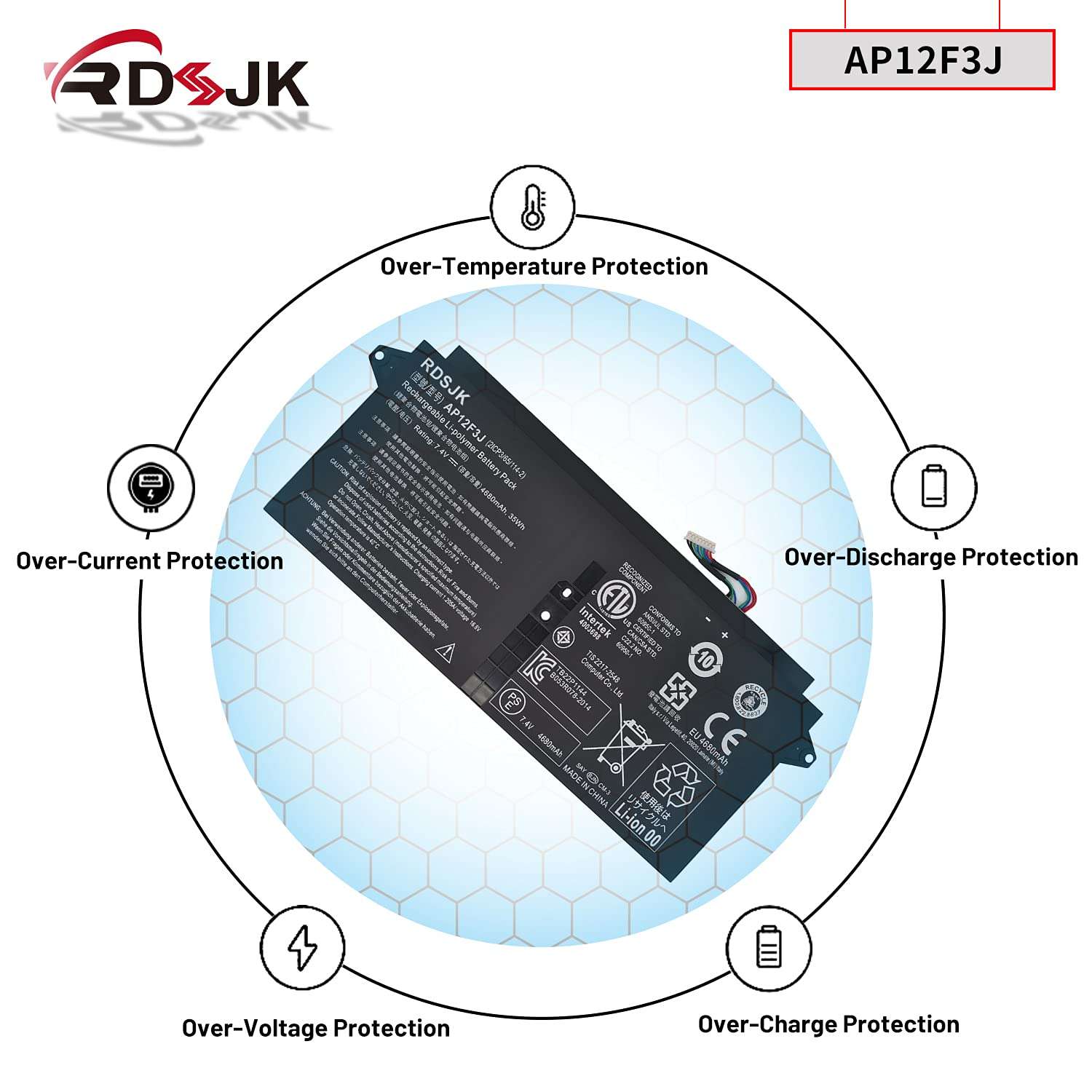 AP12F3J Laptop Battery for Acer Aspire S7 S7-391 Ultrabook S7-391-53334G12aws S7-391-53314G25aws S7-391-73514G25aws S7-391-73534G25aws Series S7-392 S7-393 2ICP3/65/114-2 7.4V 4680mAh/35Wh 6