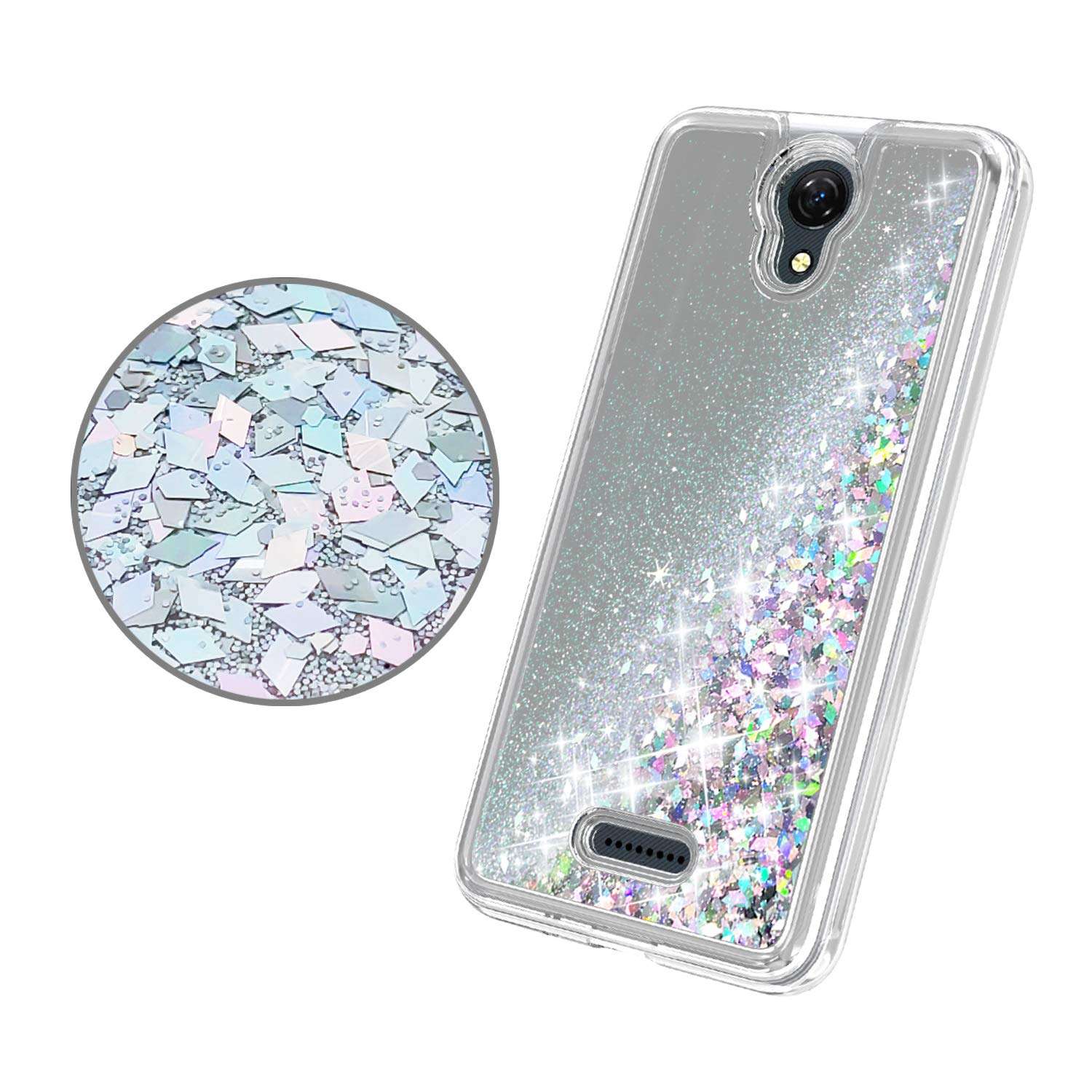 UNC Pro Cell Phone Case for Cricket Icon 2 Version (2020 Released), Quicksand Glitter TPU Liquid Flowing Sparkle Hybrid Case Shockproof Bumper Cover, Silver 2