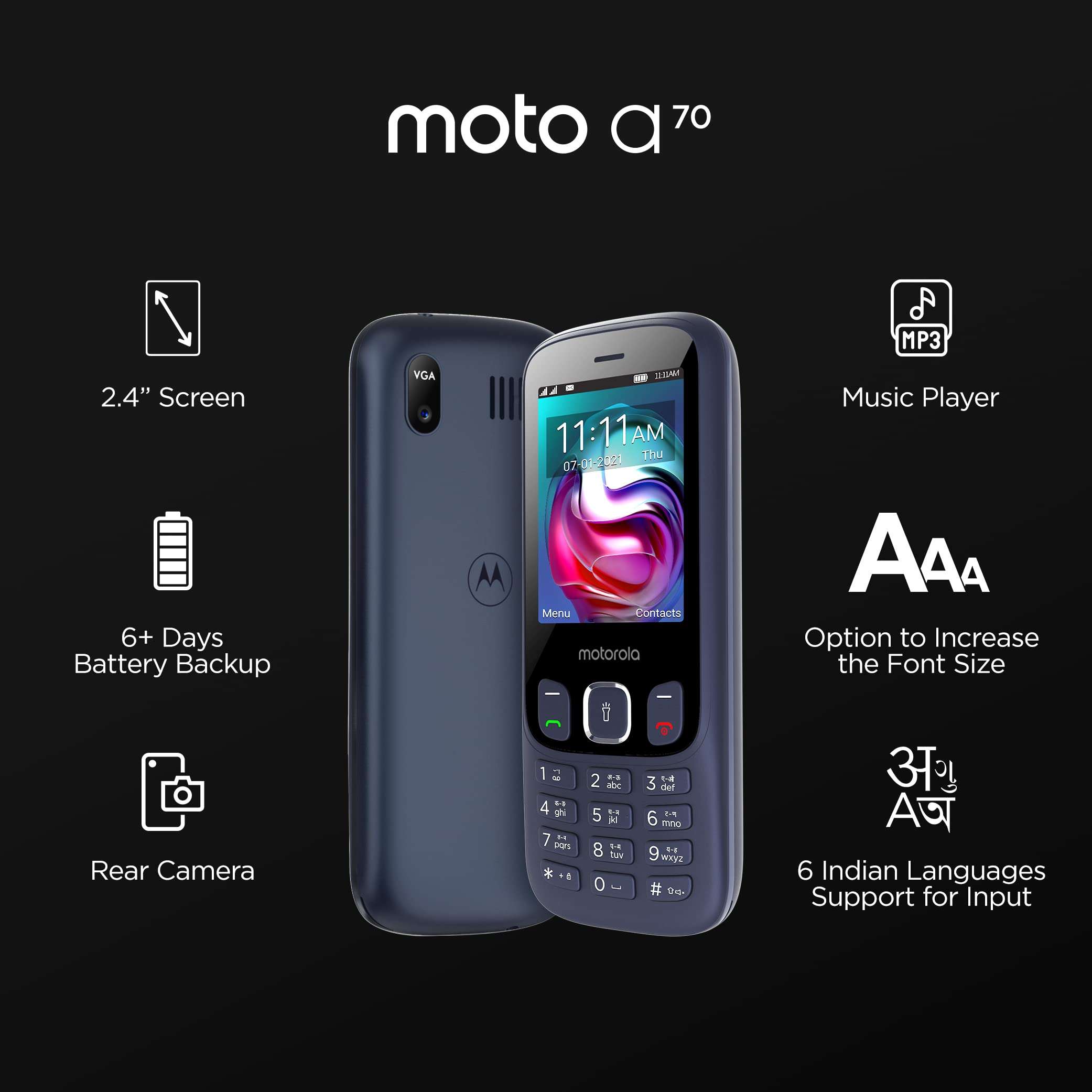 Motorola a70 keypad Mobile Dual Sim with Expandable Memory Upto 32GB,Camera, 2.4 inch Screen with 1750 mAh Battery, Dark Blue 4