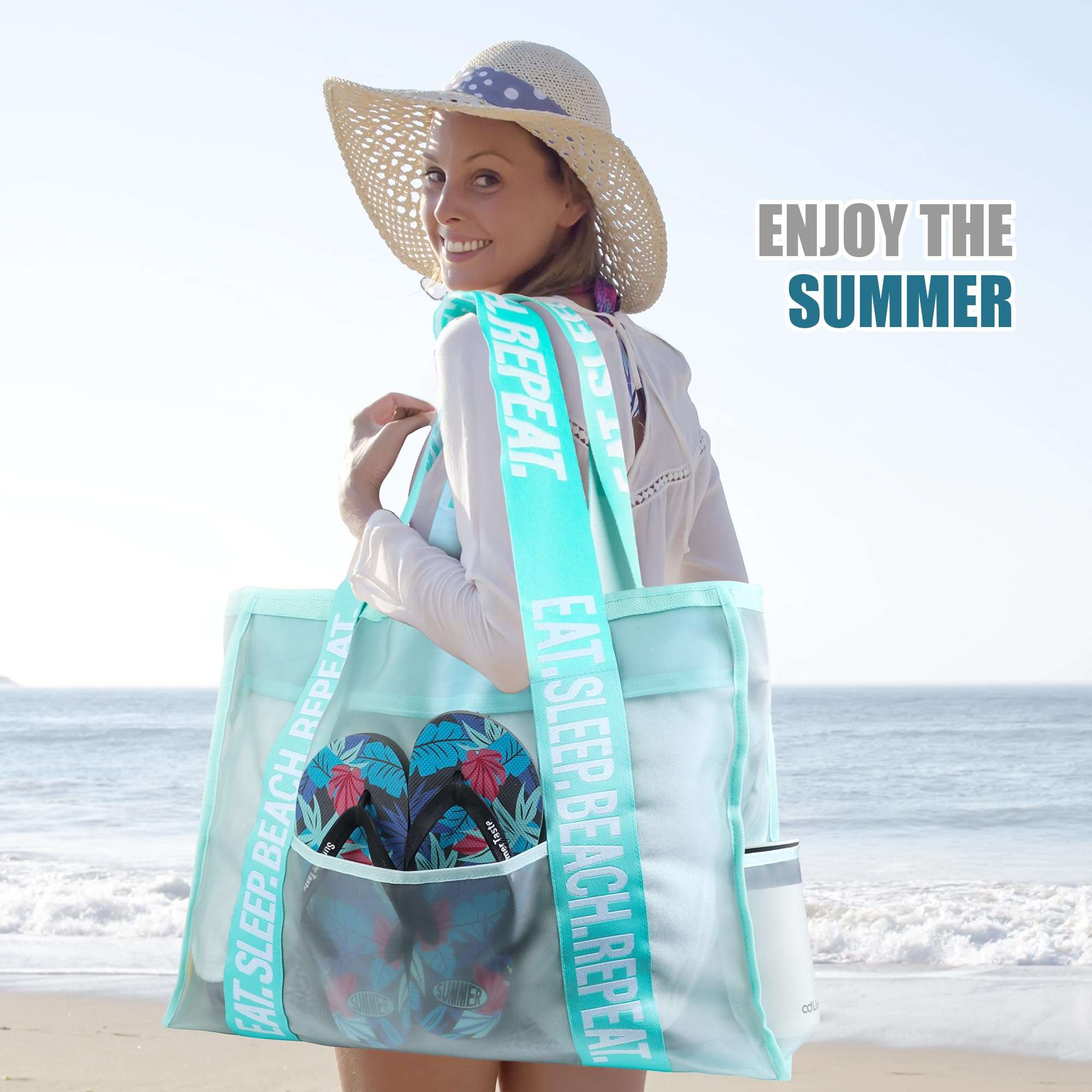 Primo Lines 31L Extra Large Teal Beach Bags 23 x 17 x 8 Mesh Beach Bag with Zipper, Large Beach Bag for Women - 2024 XL Mesh Tote Bag for Family Trip 3