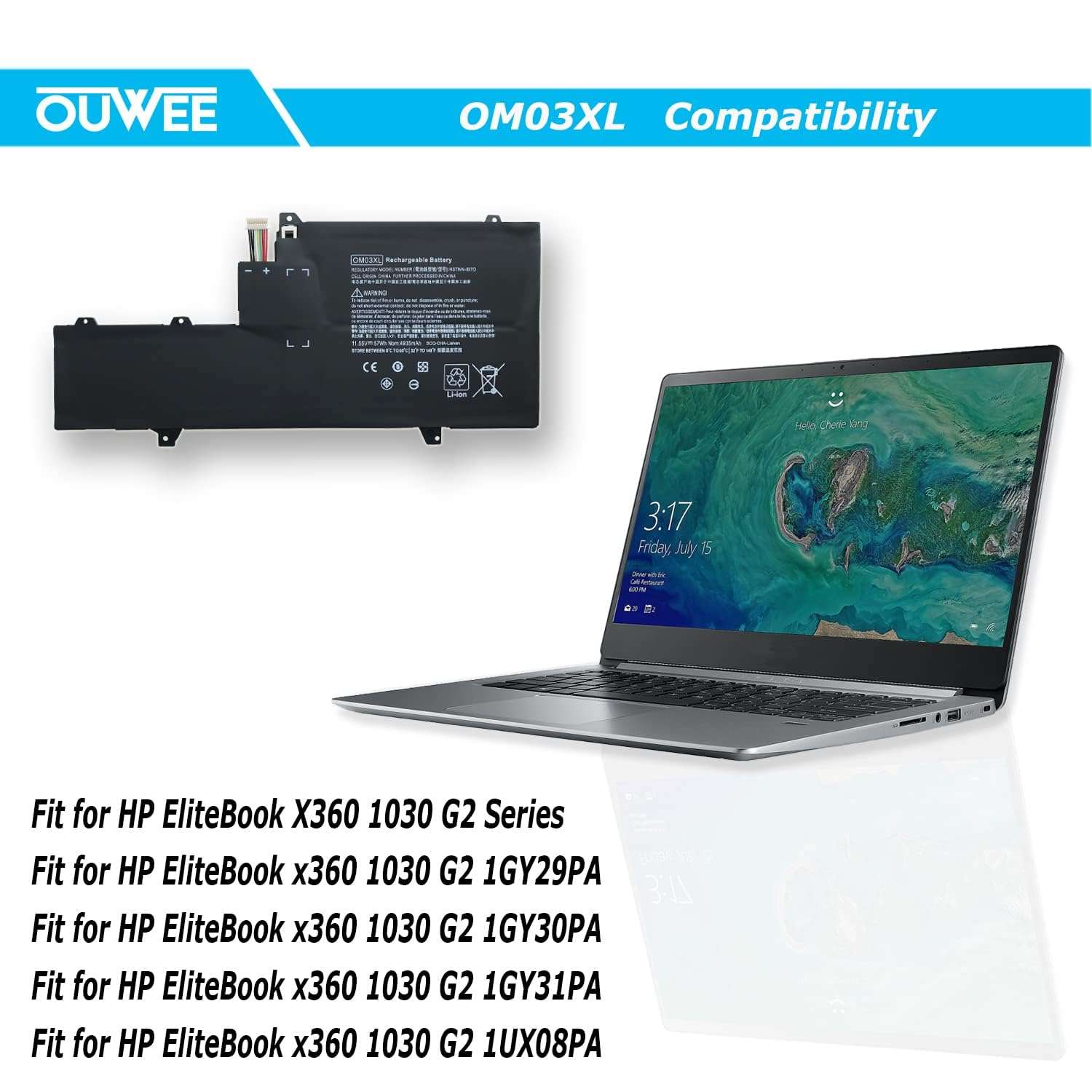 OUWEE OM03XL Laptop Battery Compatible with HP EliteBook x360 1030 G2 Series 863167-1B1 863280-855 HSN-I04C HSTNN-IB70 HSTNN-IB7O 11.55V 57Wh 4935mAh（Shape-A） 4