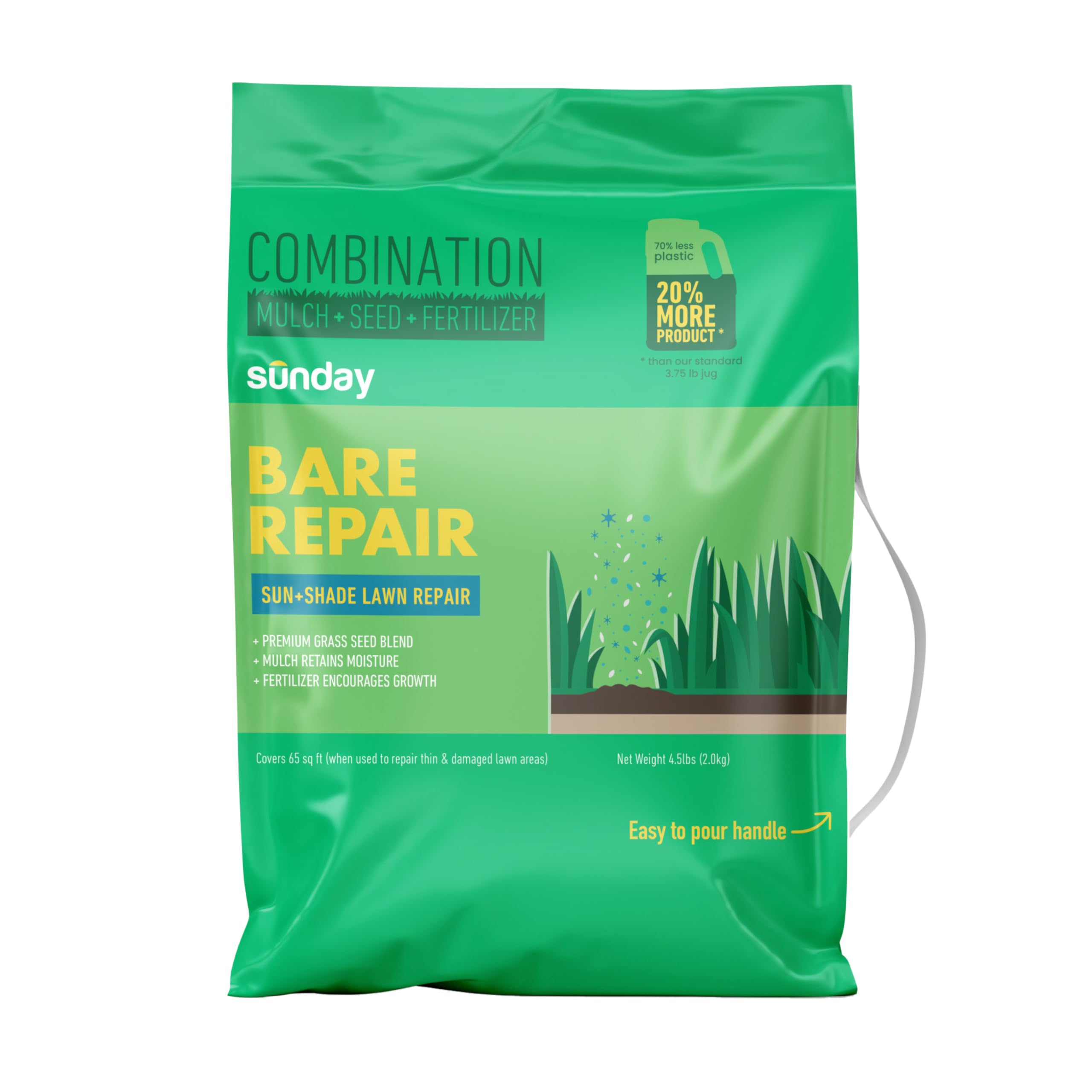 Sunday Bare Repair Sun and Shade Grass Seed Spot Treatment - Grass Seed for Shade and Hard to Grow Areas - Lawn Patch Repair That Works in 14 Days or Less - 4.5lb Bag (Covers 55 Sq Ft)